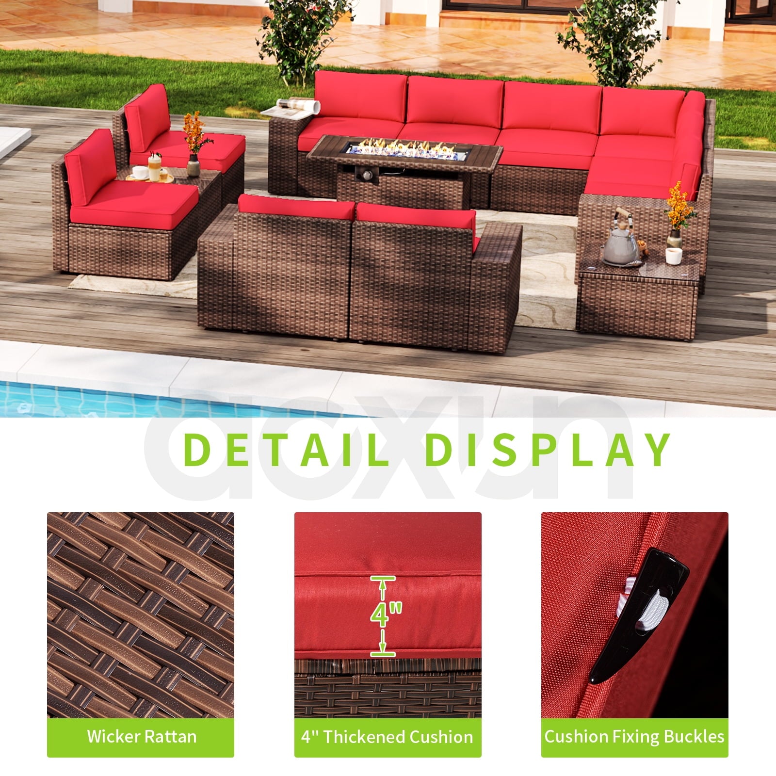 13pcs Patio Furniture Set with Fire Pit Table(Include Waterproof Cover), PE Rattan Wicker sectional Sofa Set with 2 Coffee Table, Red