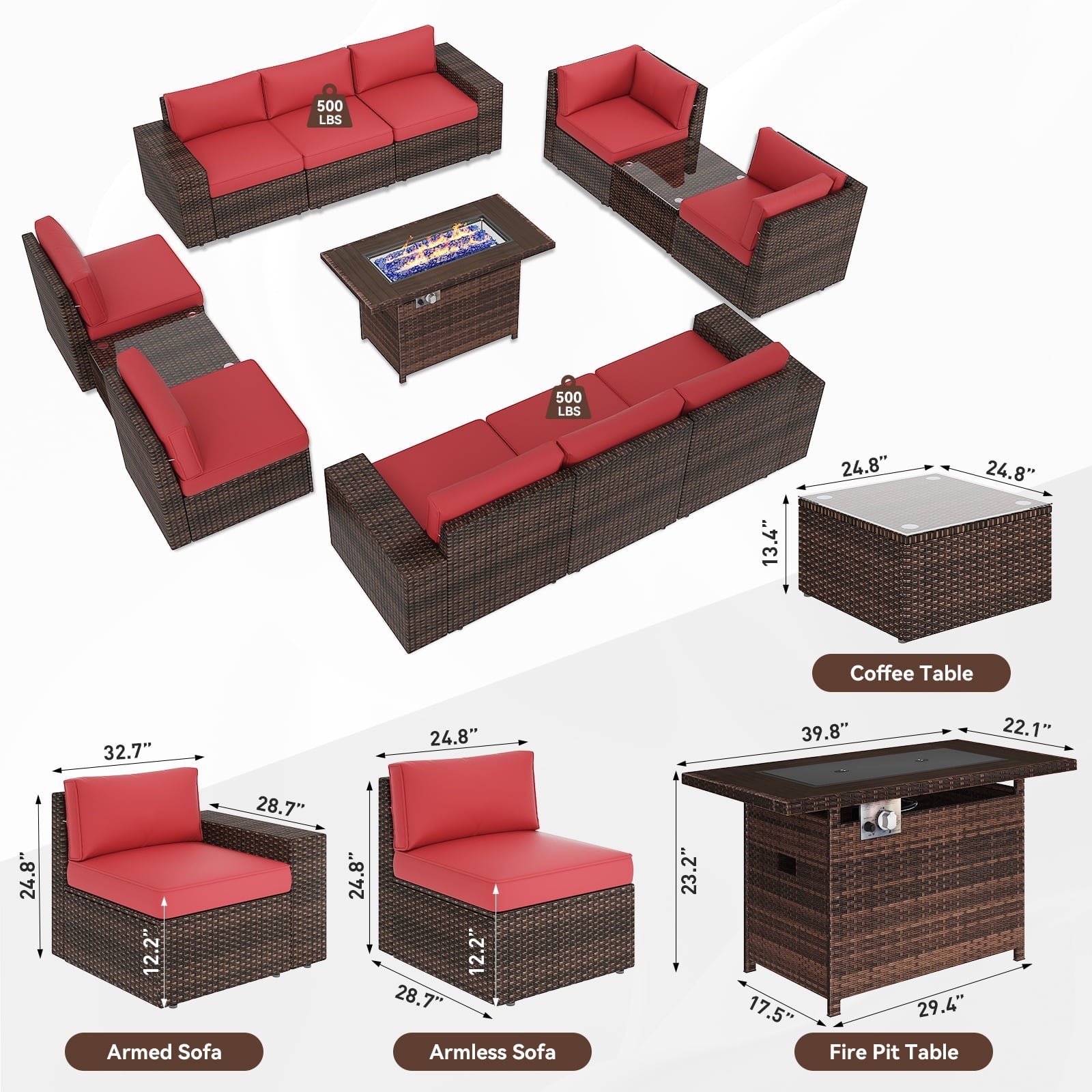 3pcs Patio Furniture Set with Fire Pit Table, Outside Rattan Sectional Sofa With 2 Coffee Table,Red(with Waterproof Cover)