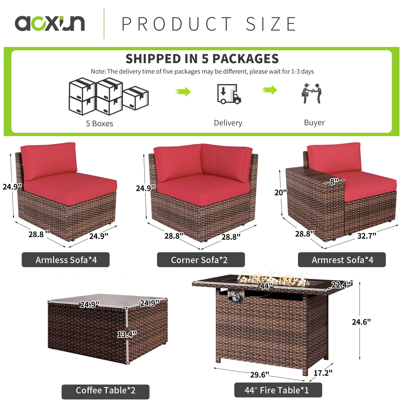 13pcs Patio Furniture Set with Fire Pit Table(Include Waterproof Cover), PE Rattan Wicker sectional Sofa Set with 2 Coffee Table, Red