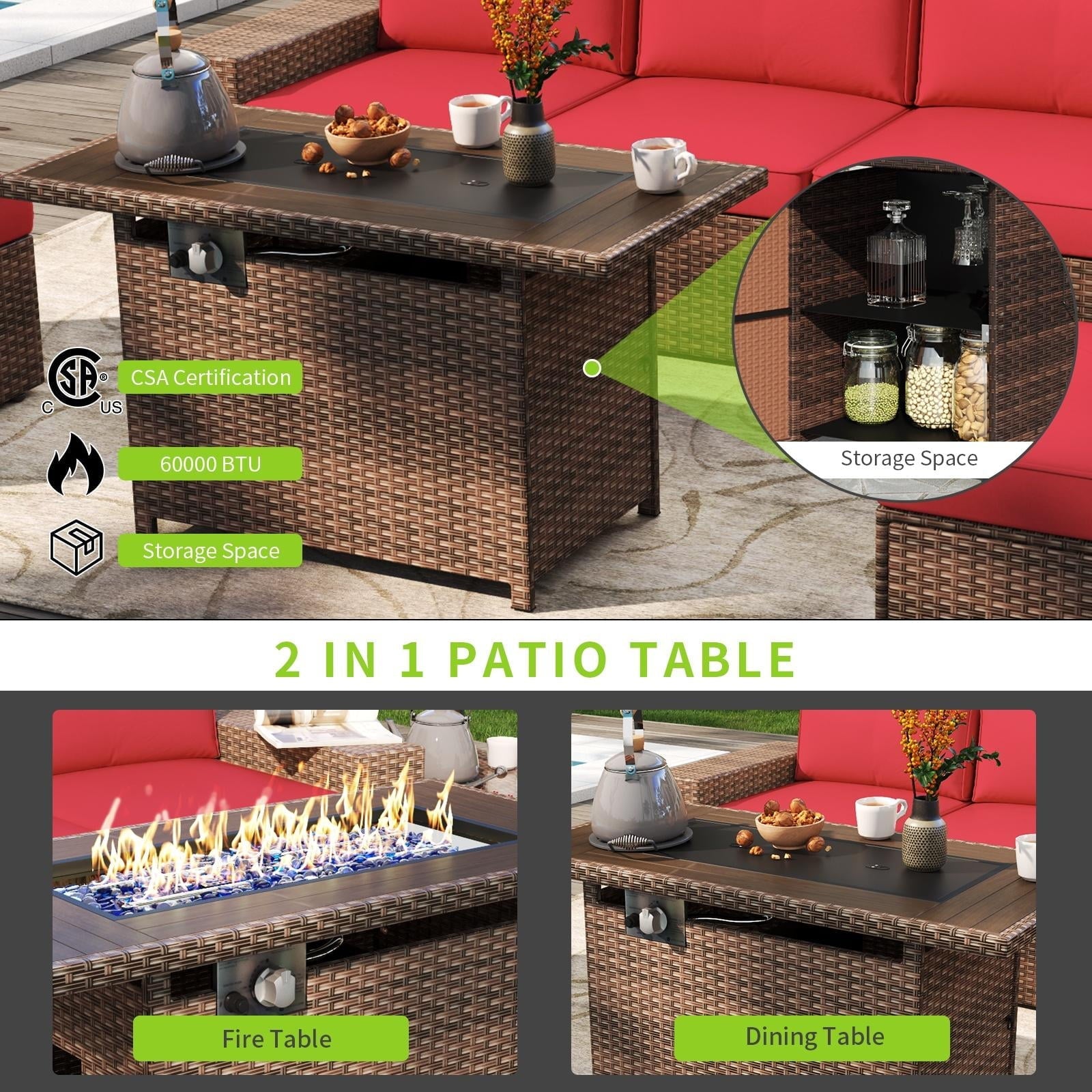 13pcs Patio Furniture Set with Fire Pit Table, PE Rattan Wicker sectional Sofa Set with 2 Coffee Table, Red