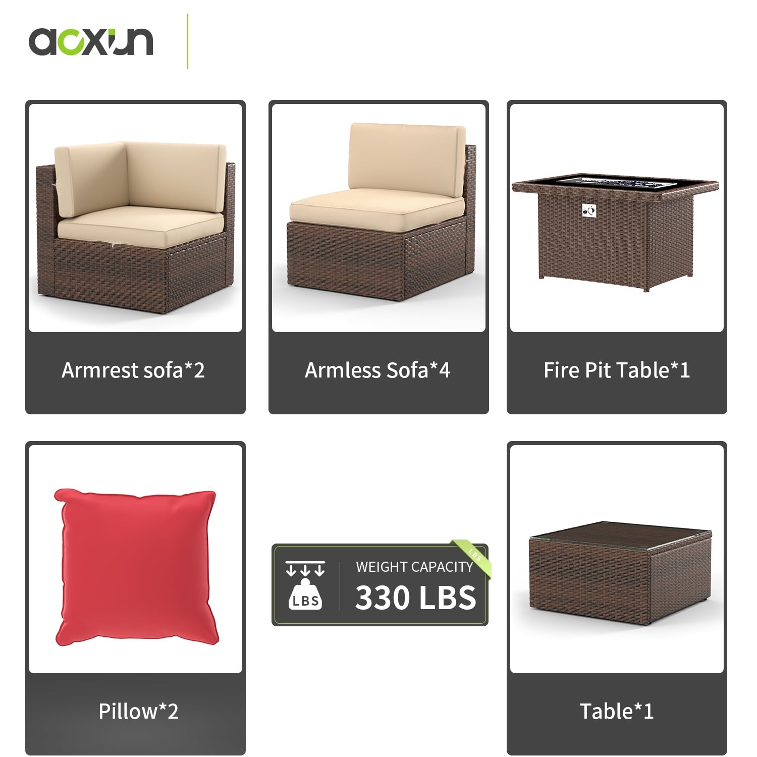 15-Piece Patio Furniture Set with Propane Fire Pit Table Wicker Outdoor Conversation Set, Brown