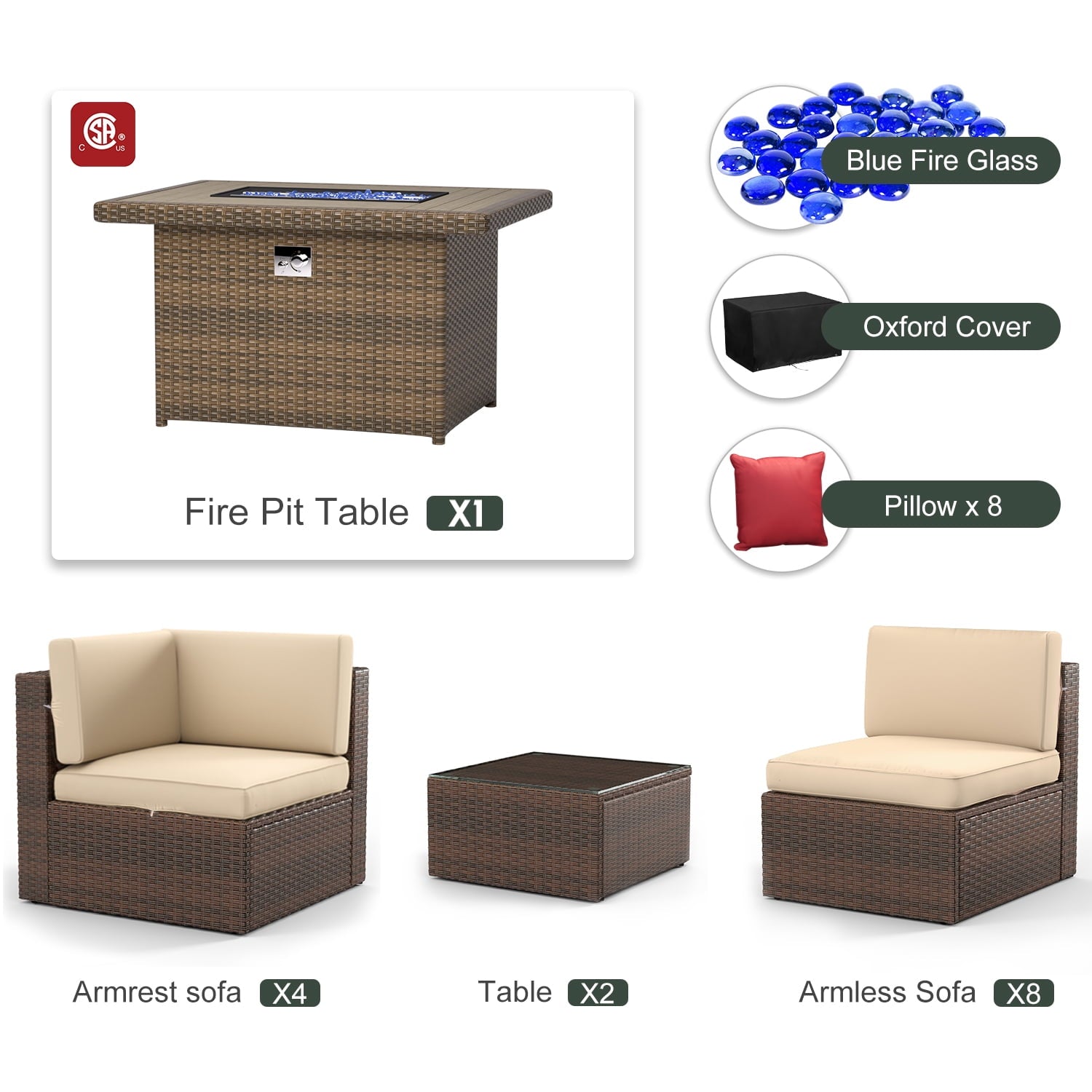 15 Pcs Patio Furniture Sets with 50000 BTU Fire Pit Table, Patio Sectional for Garden, Beige