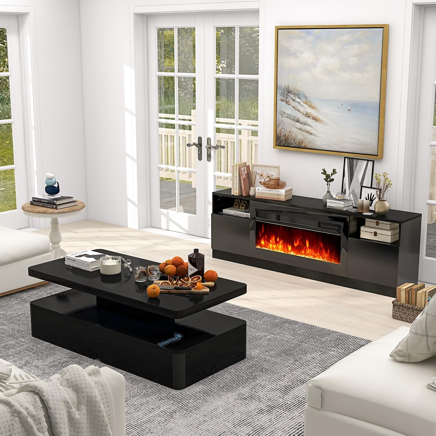 2-Piece Table Set Includes Modern Coffee Table and Spacious 36" Fireplace TV Stand for TVs up to 80", Elegant Tables for Living Room, Black