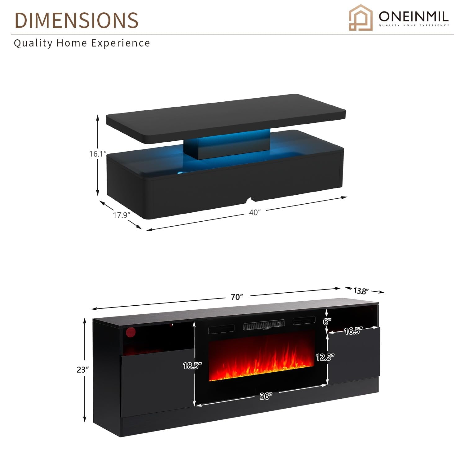 2-Piece Table Set Includes Modern Coffee Table and Spacious 36" Fireplace TV Stand for TVs up to 80", Elegant Tables for Living Room, Black