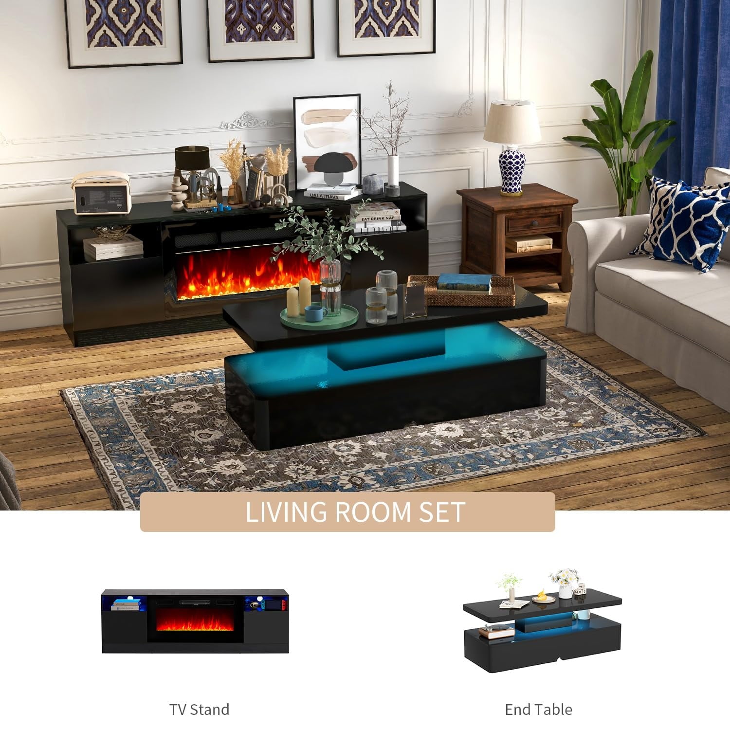 2-Piece Table Set Includes Modern Coffee Table and Spacious 36" Fireplace TV Stand for TVs up to 80", Elegant Tables for Living Room, Black