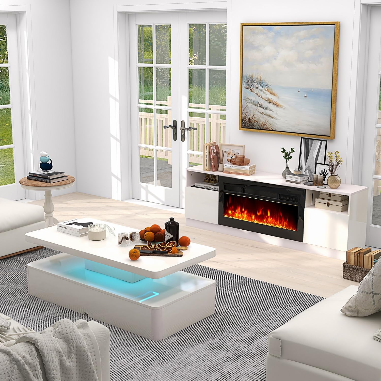 2-Piece Table Set Includes Modern Coffee Table and Spacious 36" Fireplace TV Stand for TVs up to 80", Elegant Tables for Living Room, White