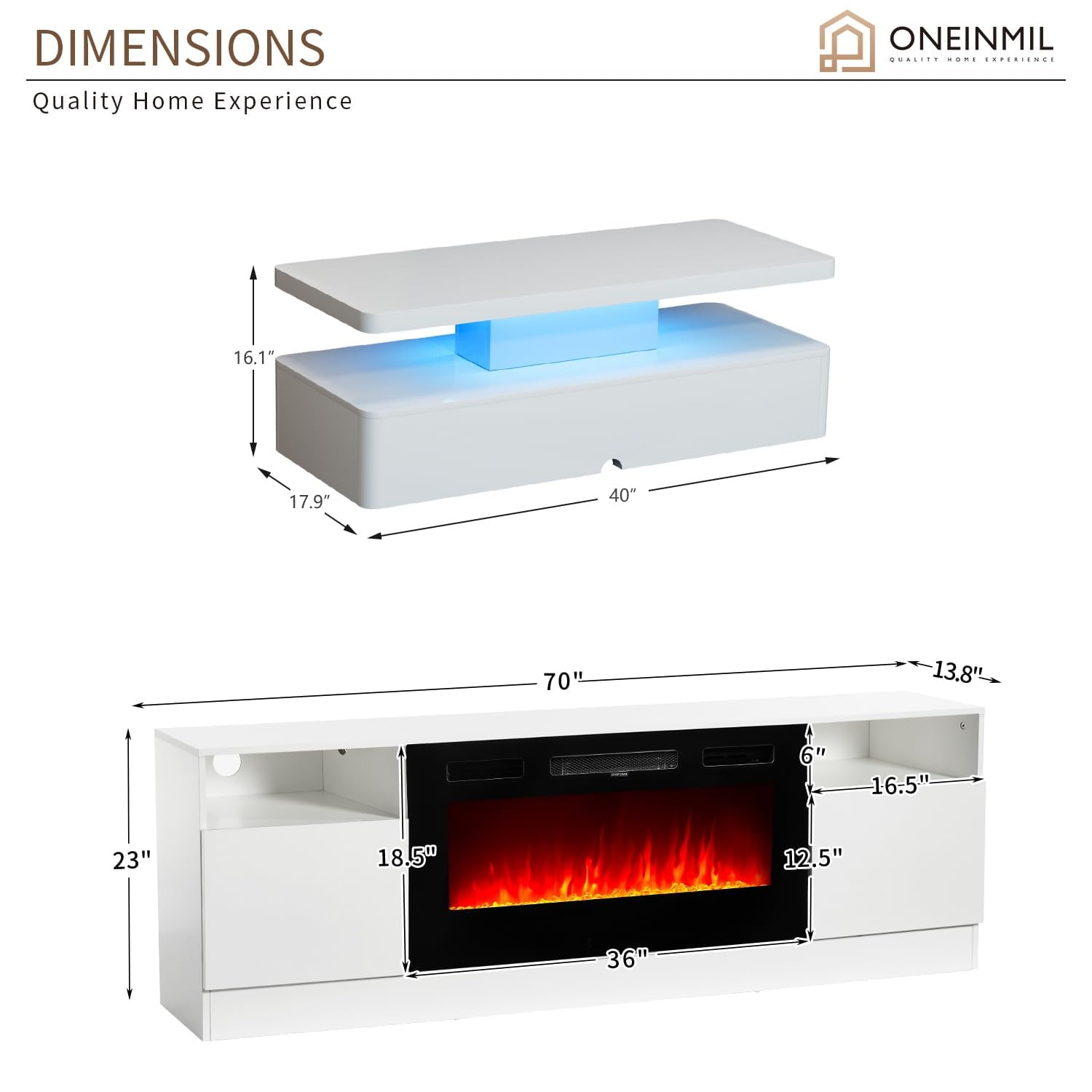 2-Piece Table Set Includes Modern Coffee Table and Spacious 36" Fireplace TV Stand for TVs up to 80", Elegant Tables for Living Room, White