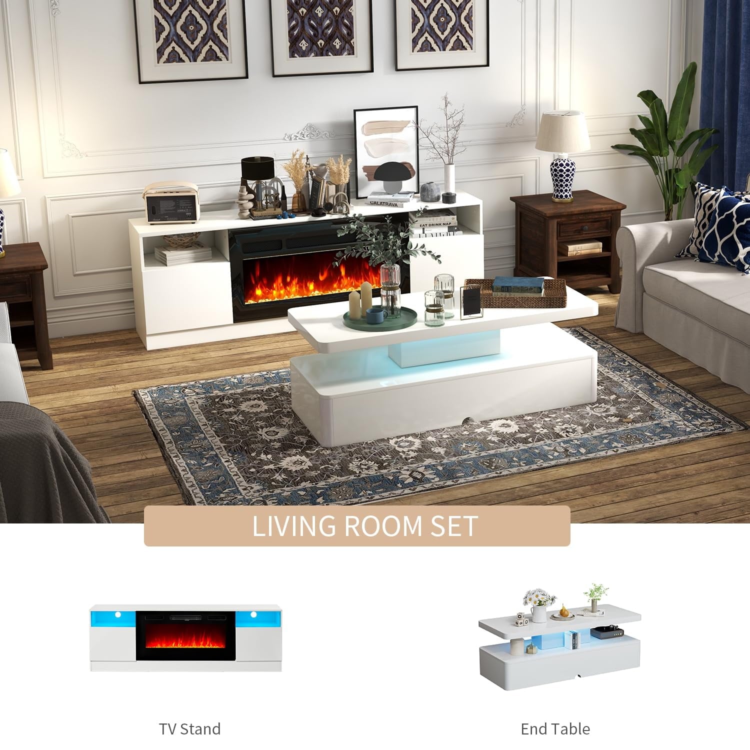 2-Piece Table Set Includes Modern Coffee Table and Spacious 36" Fireplace TV Stand for TVs up to 80", Elegant Tables for Living Room, White