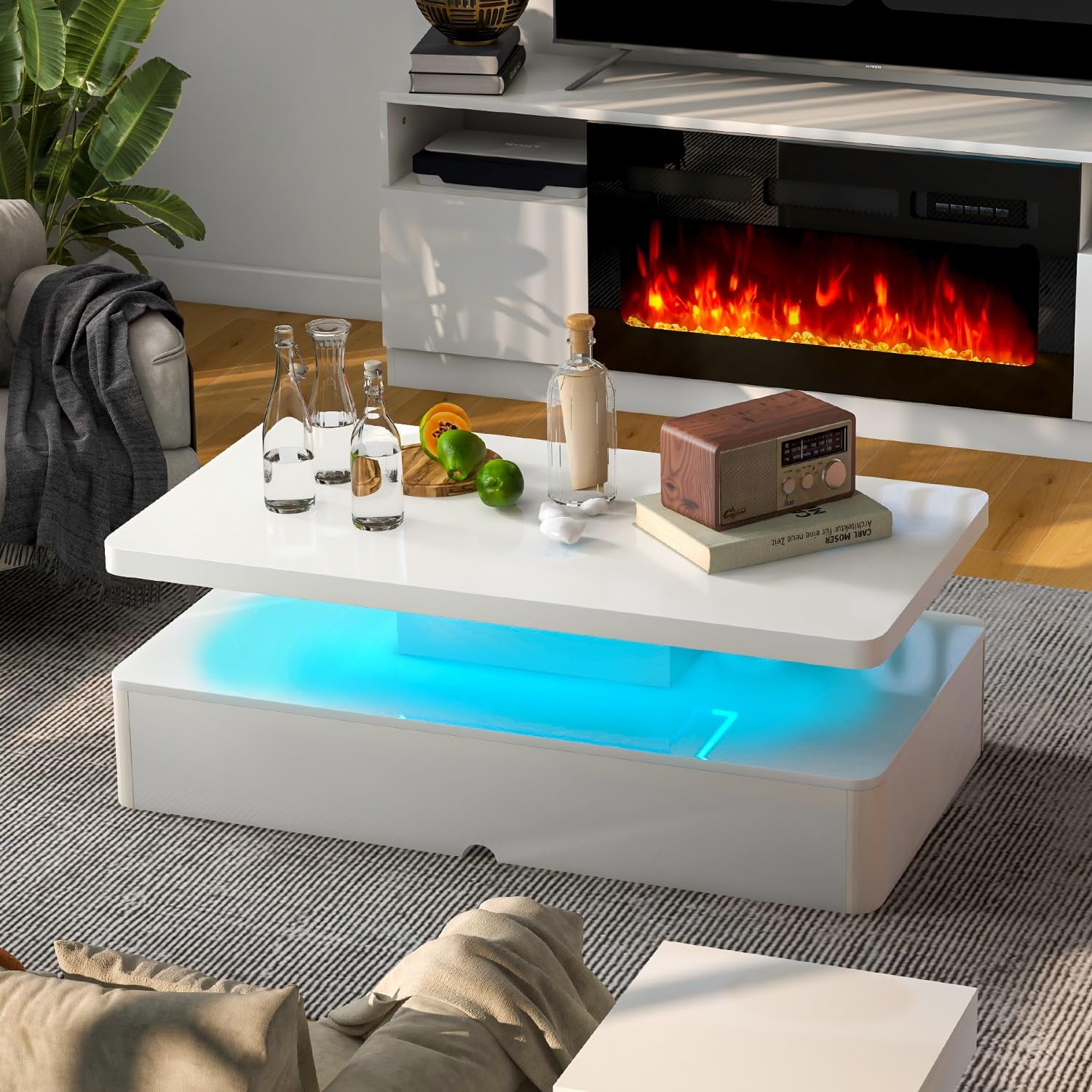 2-Piece Table Set Includes Modern Coffee Table and Spacious 36" Fireplace TV Stand for TVs up to 80", Elegant Tables for Living Room, White