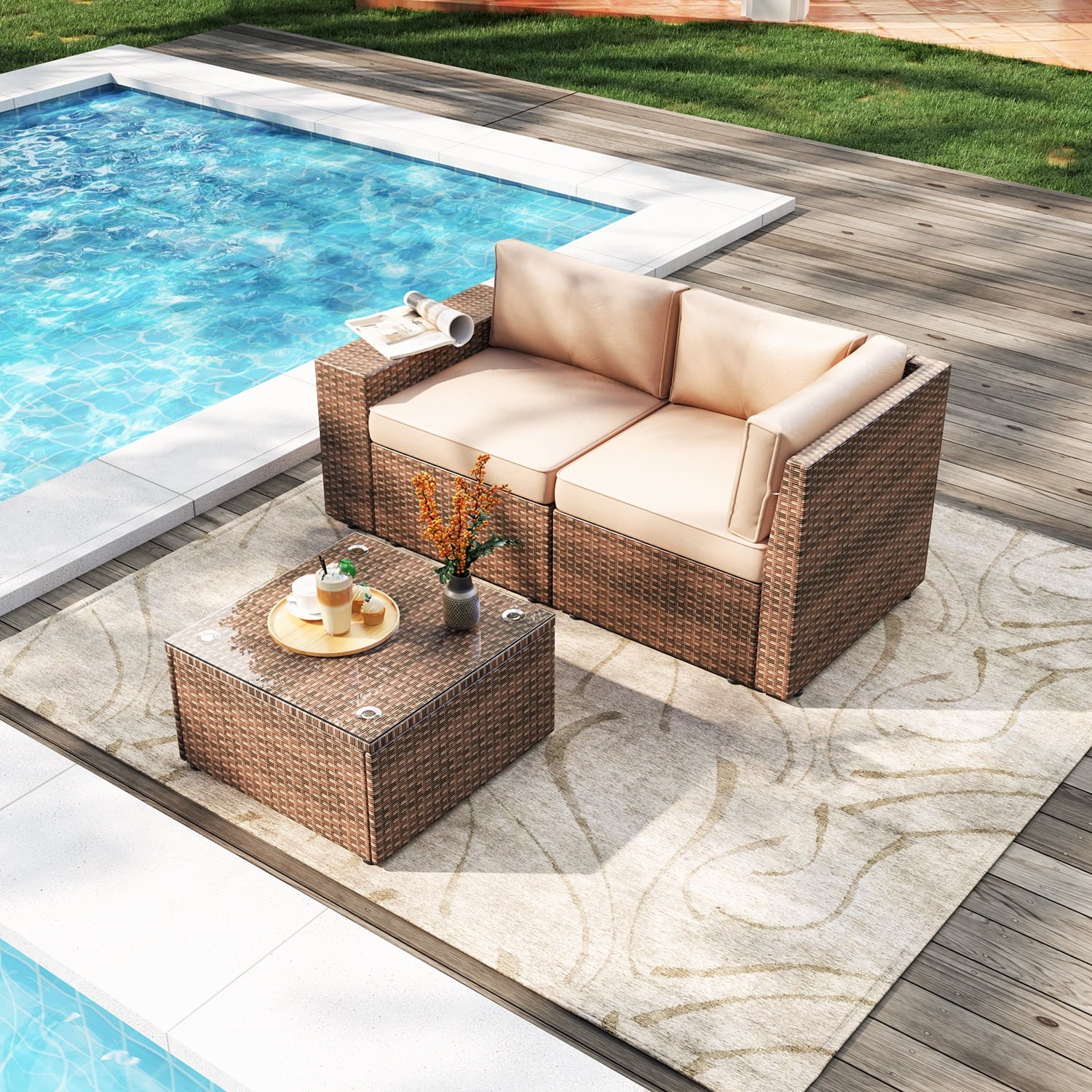 3 Pieces Patio Furniture Sets, Outdoor Furniture Set with Coffee Table, Beige