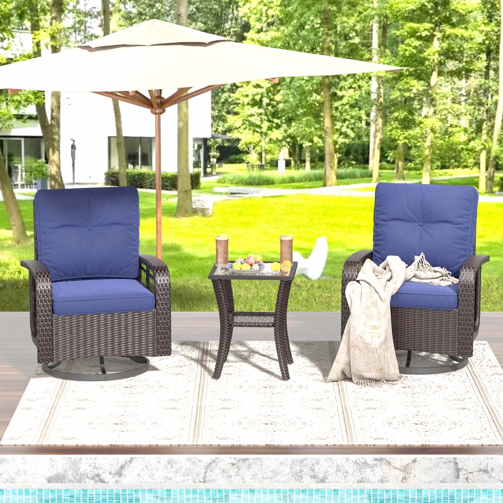 3 Pcs Outdoor Wicker Swivel Rocker Patio Set,360 Degree Swivel Rocking Chairs Elegant Wicker Patio Bistro Set with Premium Cushions and Armored Glass Top Side Table for Backyard -Blue