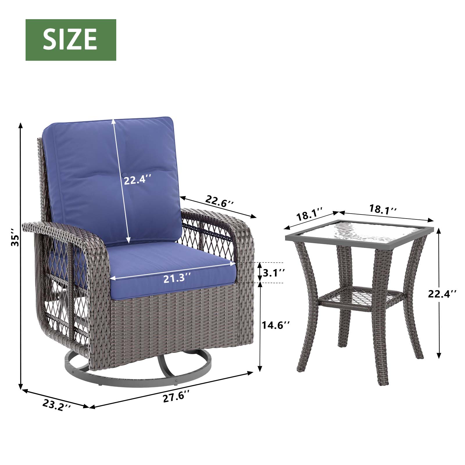 3 Pcs Outdoor Wicker Swivel Rocker Patio Set,360 Degree Swivel Rocking Chairs Elegant Wicker Patio Bistro Set with Premium Cushions and Armored Glass Top Side Table for Backyard -Blue