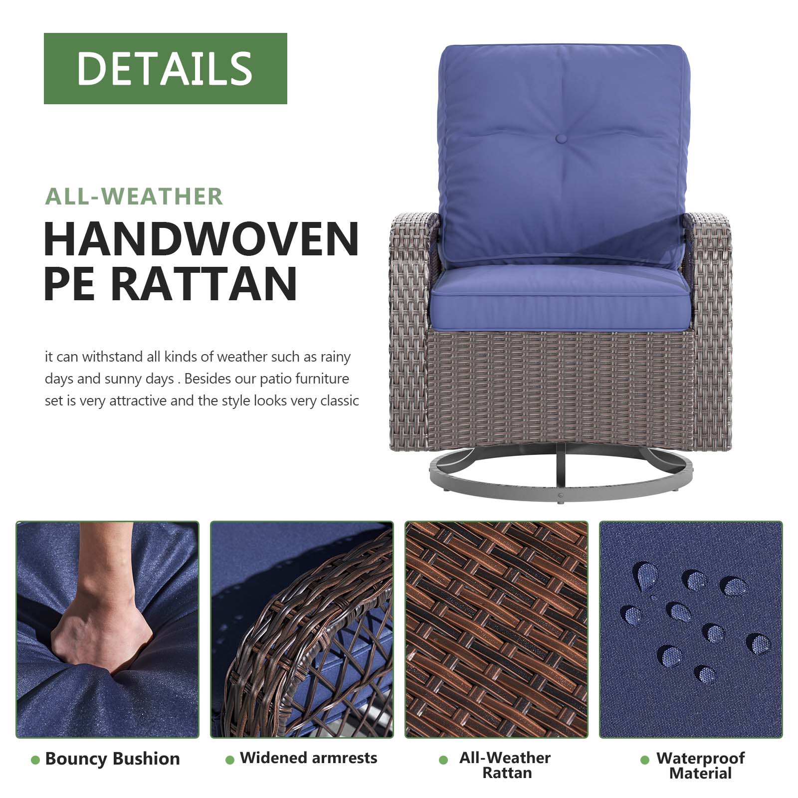 3 Pcs Outdoor Wicker Swivel Rocker Patio Set,360 Degree Swivel Rocking Chairs Elegant Wicker Patio Bistro Set with Premium Cushions and Armored Glass Top Side Table for Backyard -Blue