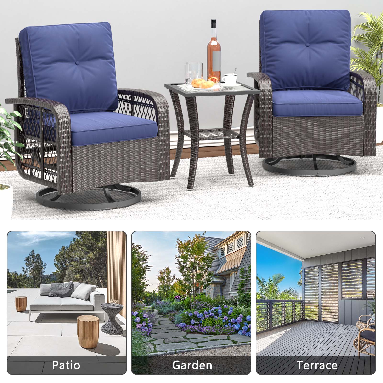 3 Pcs Outdoor Wicker Swivel Rocker Patio Set,360 Degree Swivel Rocking Chairs Elegant Wicker Patio Bistro Set with Premium Cushions and Armored Glass Top Side Table for Backyard -Blue