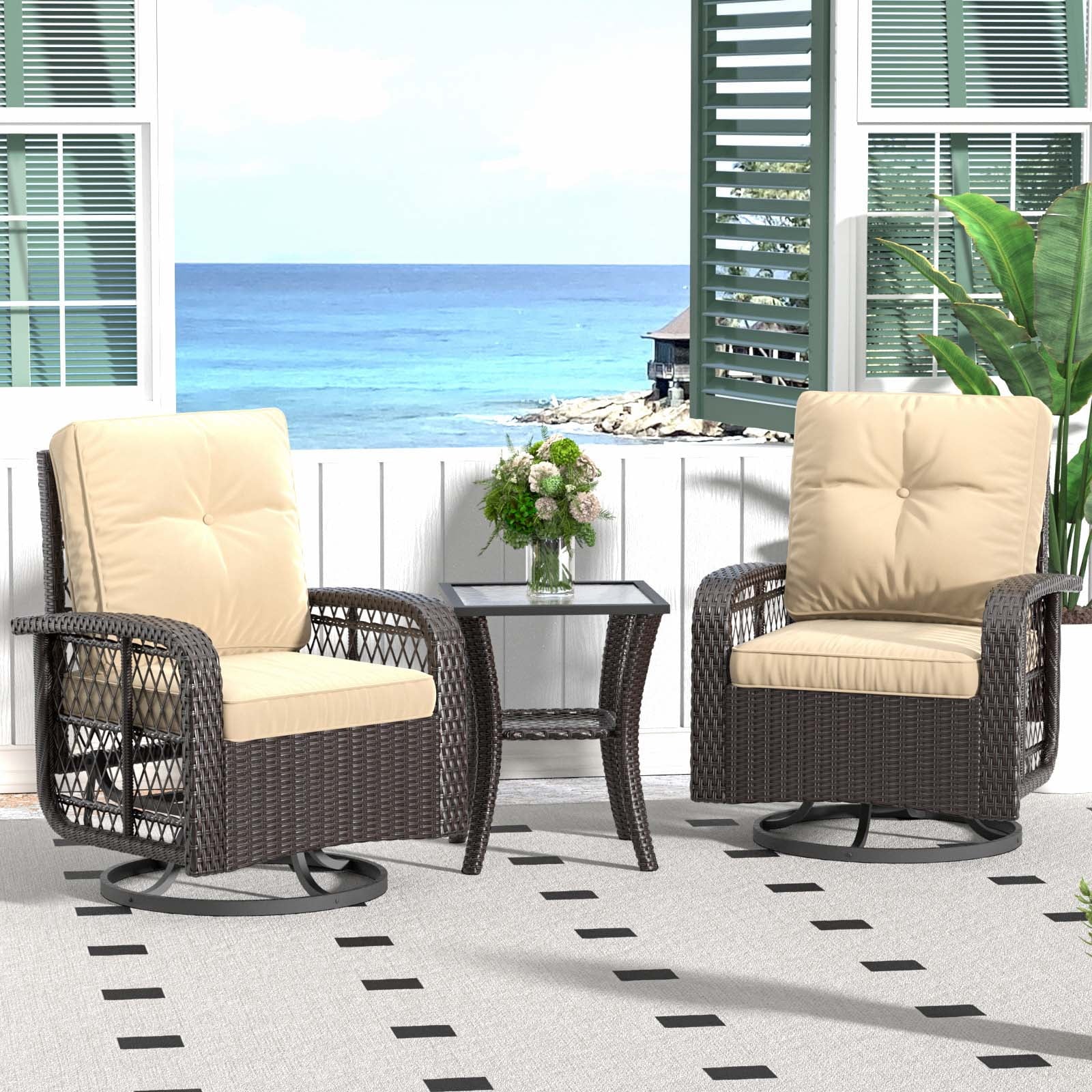 3 Pcs Outdoor Wicker Swivel Rocker Patio Set,360 Degree Swivel Rocking Chairs Elegant Wicker Patio Bistro Set with Premium Cushions and Armored Glass Top Side Table for Backyard -Brown