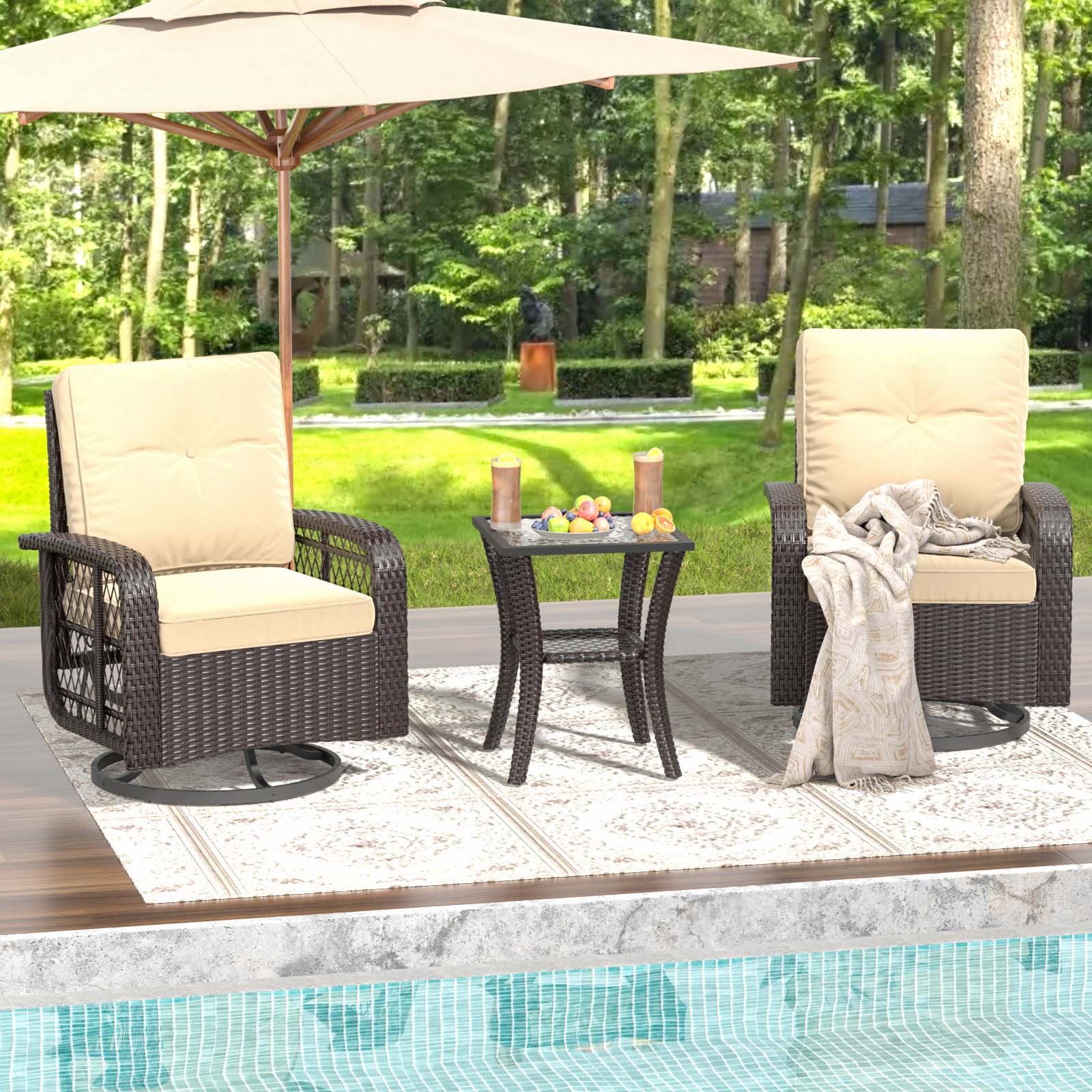3 Pcs Outdoor Wicker Swivel Rocker Patio Set,360 Degree Swivel Rocking Chairs Elegant Wicker Patio Bistro Set with Premium Cushions and Armored Glass Top Side Table for Backyard -Brown