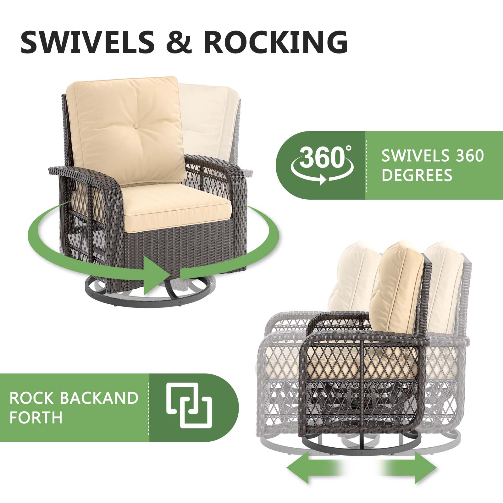 3 Pcs Outdoor Wicker Swivel Rocker Patio Set,360 Degree Swivel Rocking Chairs Elegant Wicker Patio Bistro Set with Premium Cushions and Armored Glass Top Side Table for Backyard -Brown