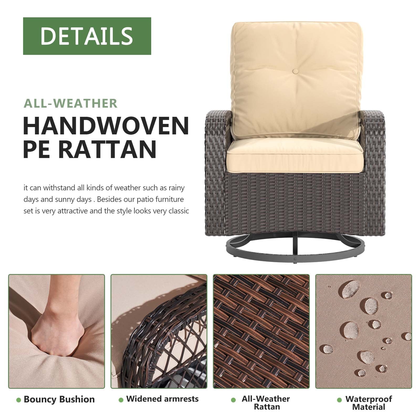 3 Pcs Outdoor Wicker Swivel Rocker Patio Set,360 Degree Swivel Rocking Chairs Elegant Wicker Patio Bistro Set with Premium Cushions and Armored Glass Top Side Table for Backyard -Brown