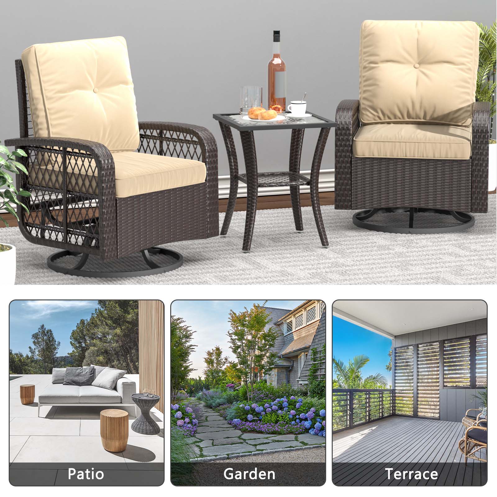 3 Pcs Outdoor Wicker Swivel Rocker Patio Set,360 Degree Swivel Rocking Chairs Elegant Wicker Patio Bistro Set with Premium Cushions and Armored Glass Top Side Table for Backyard -Brown