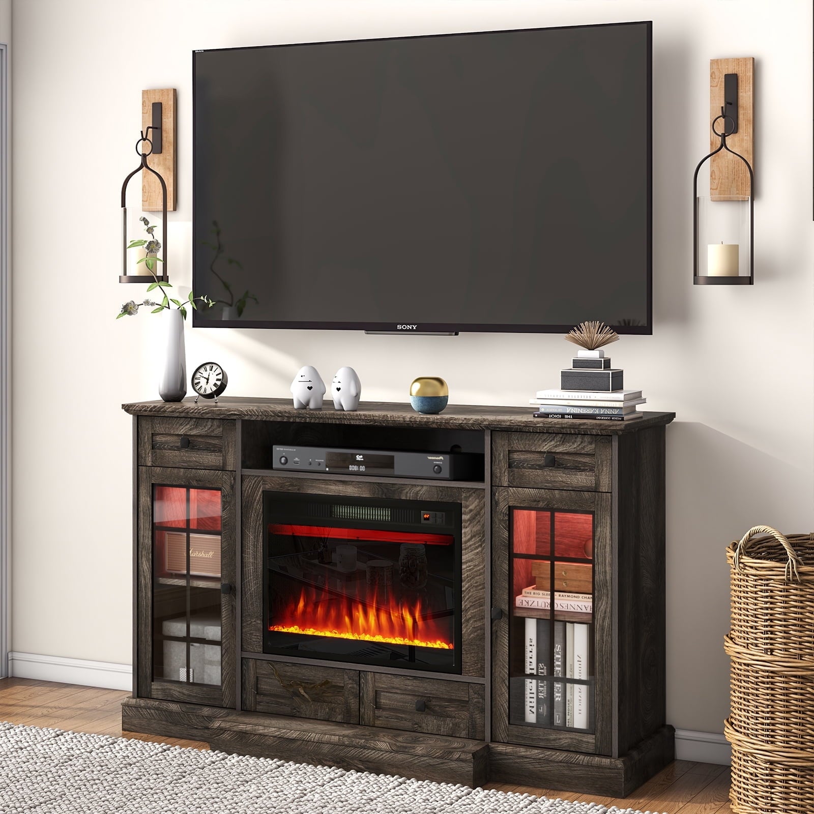 58" Fireplace TV Stand for TVs up to 65 Inch, Entertainment Center with 23" Electric Fireplace, Glass Doors, Media Console Cabinet for Living Room, Gray