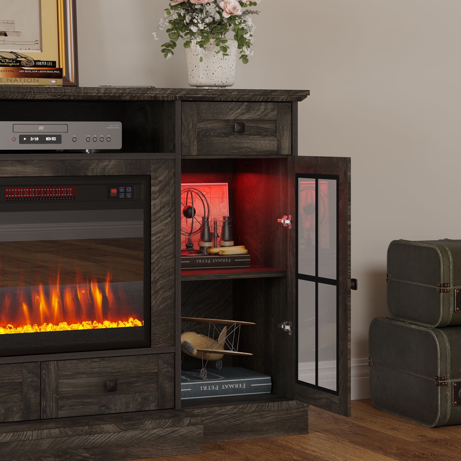 58" Fireplace TV Stand for TVs up to 65 Inch, Entertainment Center with 23" Electric Fireplace, Glass Doors, Media Console Cabinet for Living Room, Gray