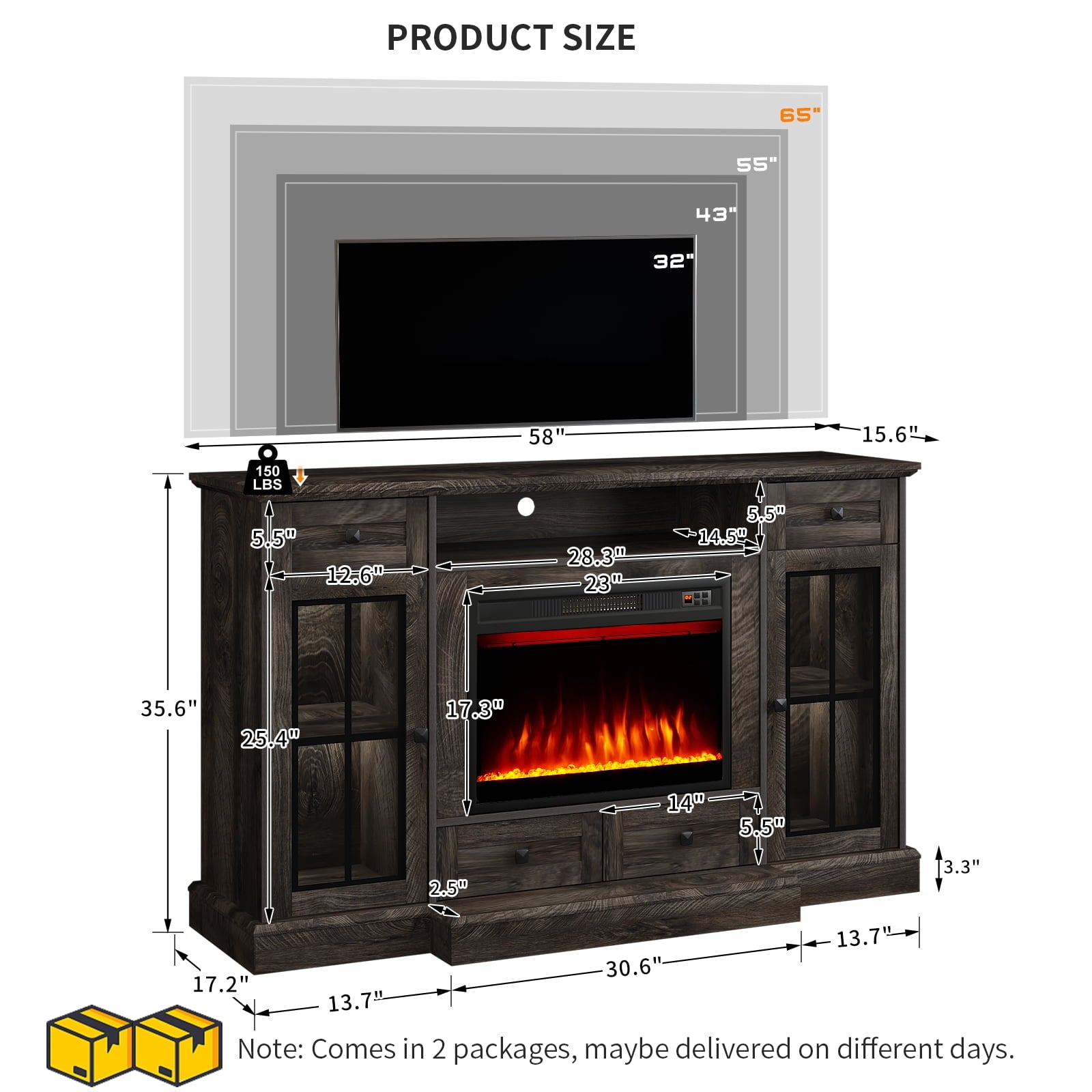 58" Fireplace TV Stand for TVs up to 65 Inch, Entertainment Center with 23" Electric Fireplace, Glass Doors, Media Console Cabinet for Living Room, Gray
