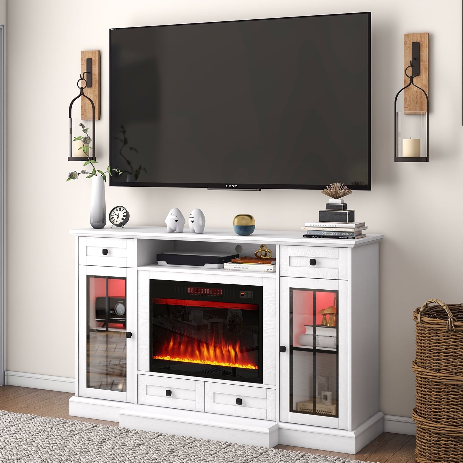 58" Fireplace TV Stand for TVs up to 65 Inch, Entertainment Center with 23" Electric Fireplace, Glass Doors, Media Console Cabinet for Living Room, White
