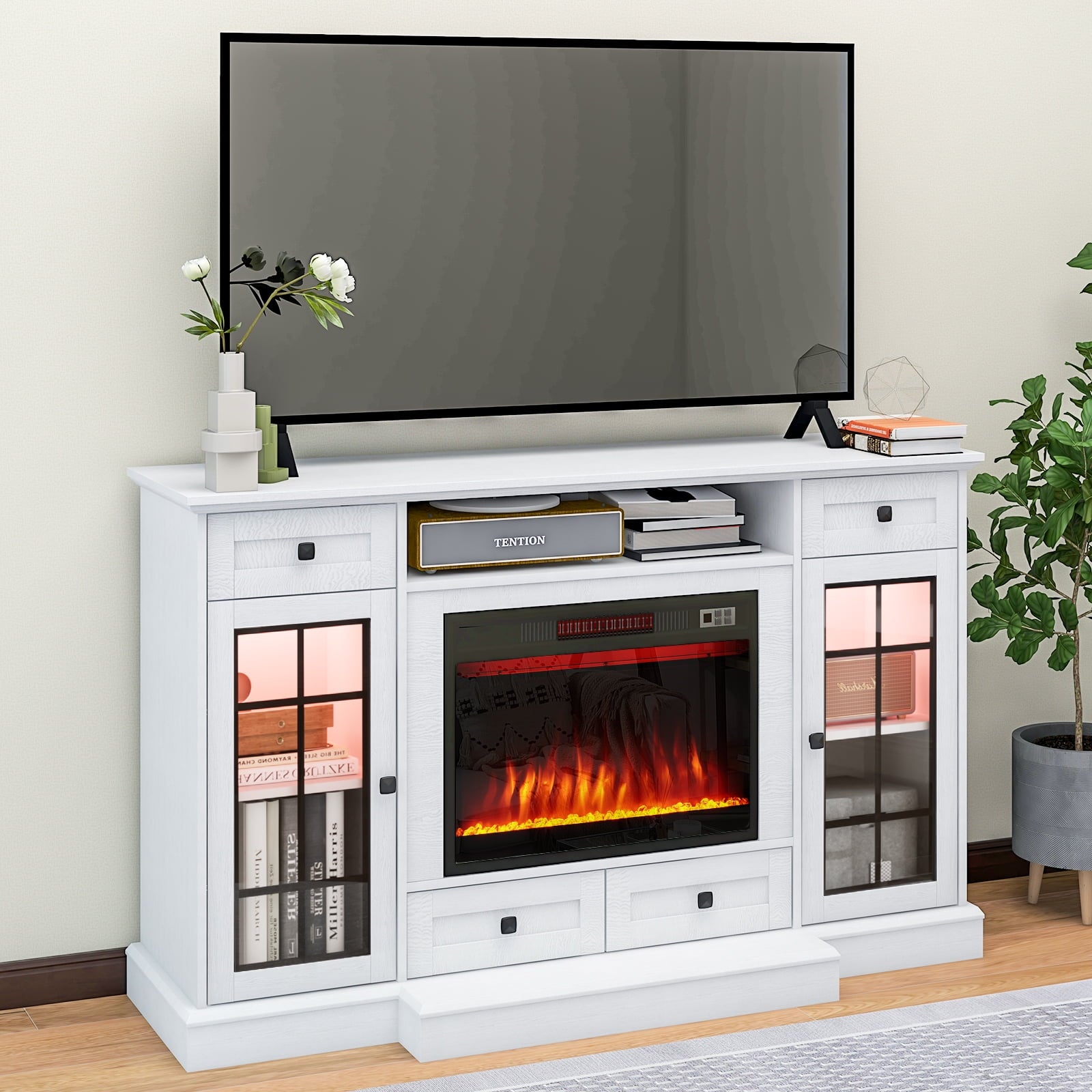 58" Fireplace TV Stand for TVs up to 65 Inch, Entertainment Center with 23" Electric Fireplace, Glass Doors, Media Console Cabinet for Living Room, White