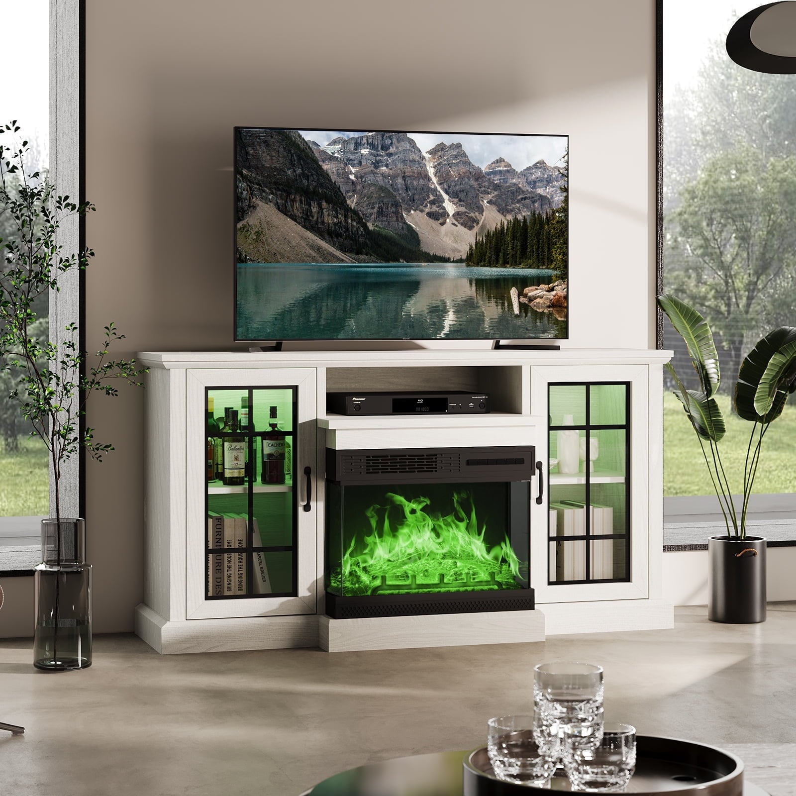 58" Fireplace TV Stand with Led Light, Entertainment Center for TVs up to 65", White
