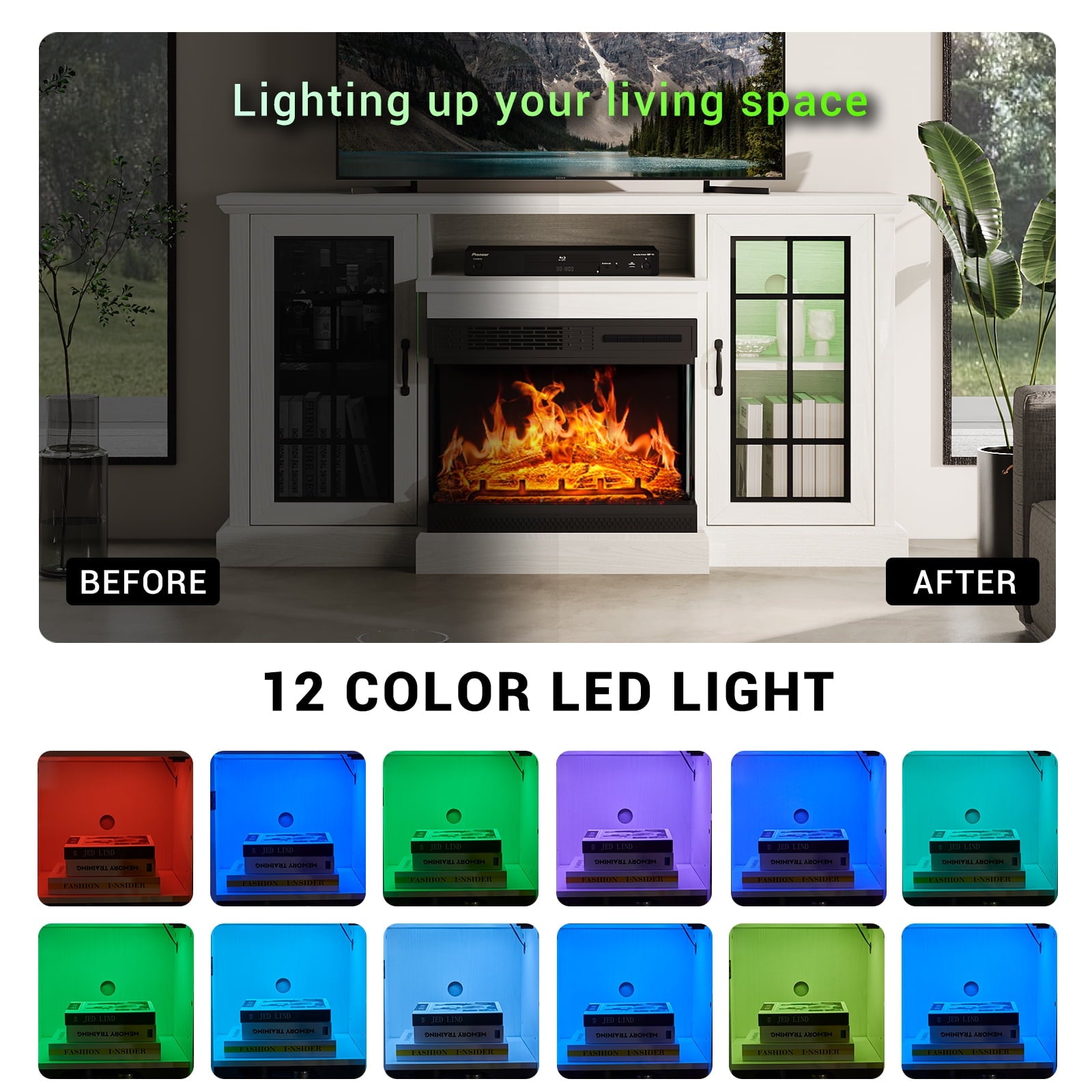 58" Fireplace TV Stand with Led Light, Entertainment Center for TVs up to 65", White