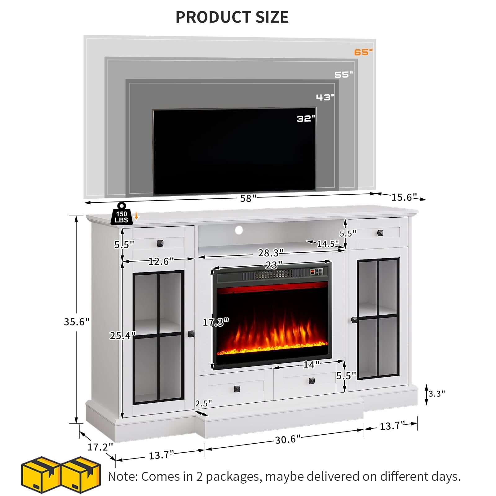 58" Fireplace TV Stand for TVs up to 65 Inch, Entertainment Center with 23" Electric Fireplace, Glass Doors, Media Console Cabinet for Living Room, White