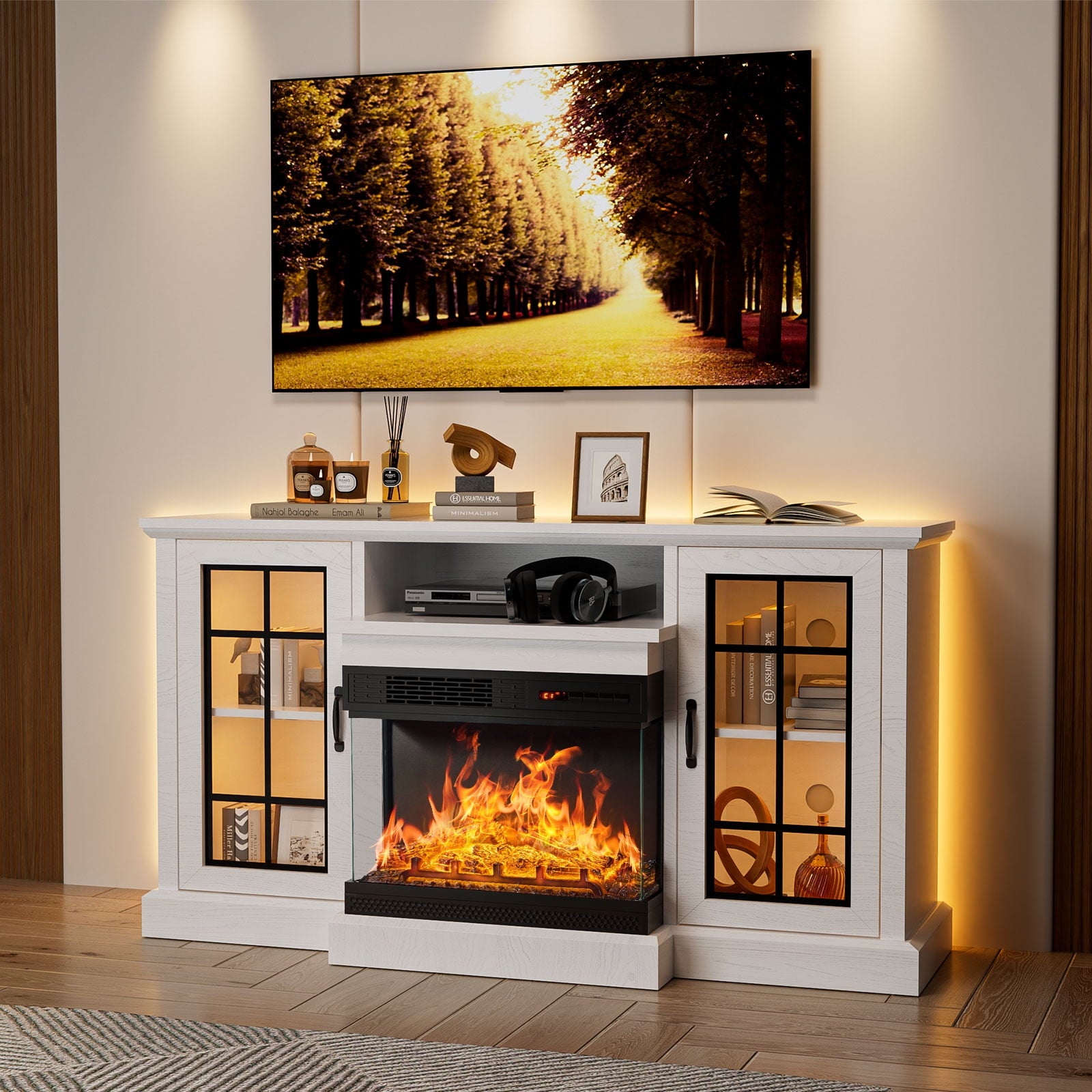 59'' Fireplace TV Stand for TVs up to 65", 12 Flame Colors&12 LED Light Colors, TV Console with 3-Sided Glass Fireplace, for Living Room, White