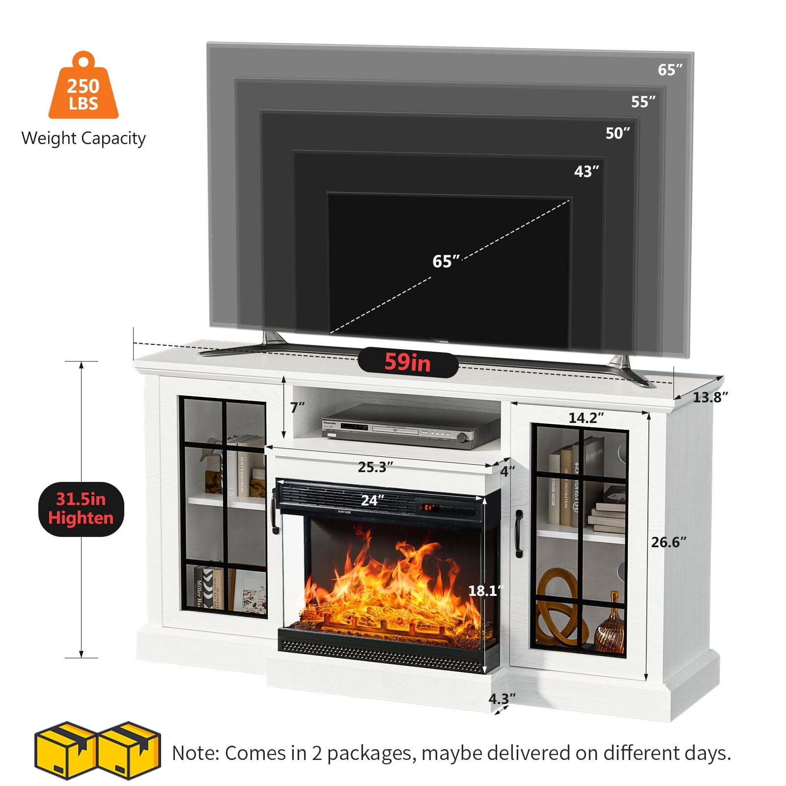 59'' Fireplace TV Stand for TVs up to 65", 12 Flame Colors&12 LED Light Colors, TV Console with 3-Sided Glass Fireplace, for Living Room, White