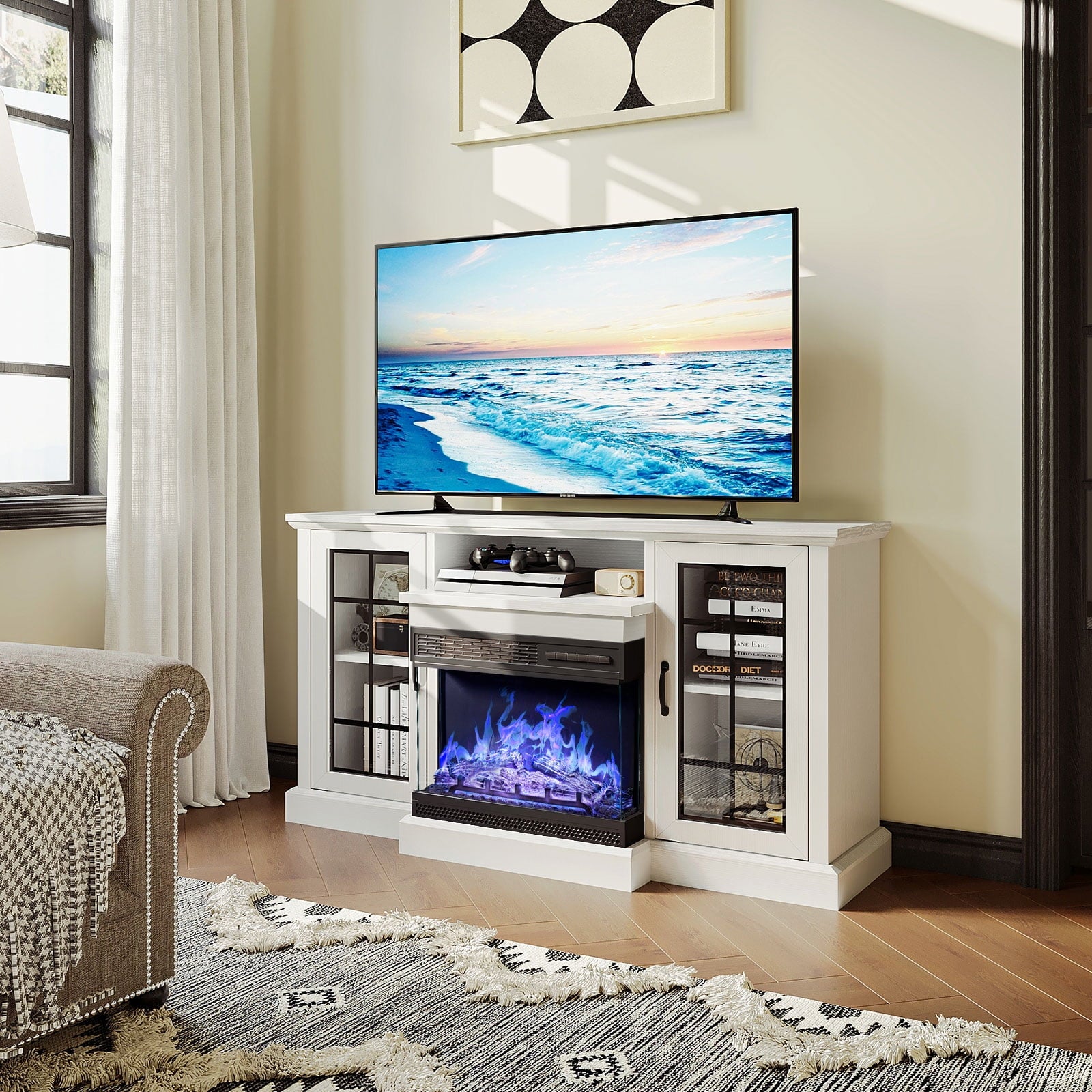 59'' Fireplace TV Stand for TVs up to 65", 12 Flame Colors&12 LED Light Colors, TV Console with 3-Sided Glass Fireplace, for Living Room, White