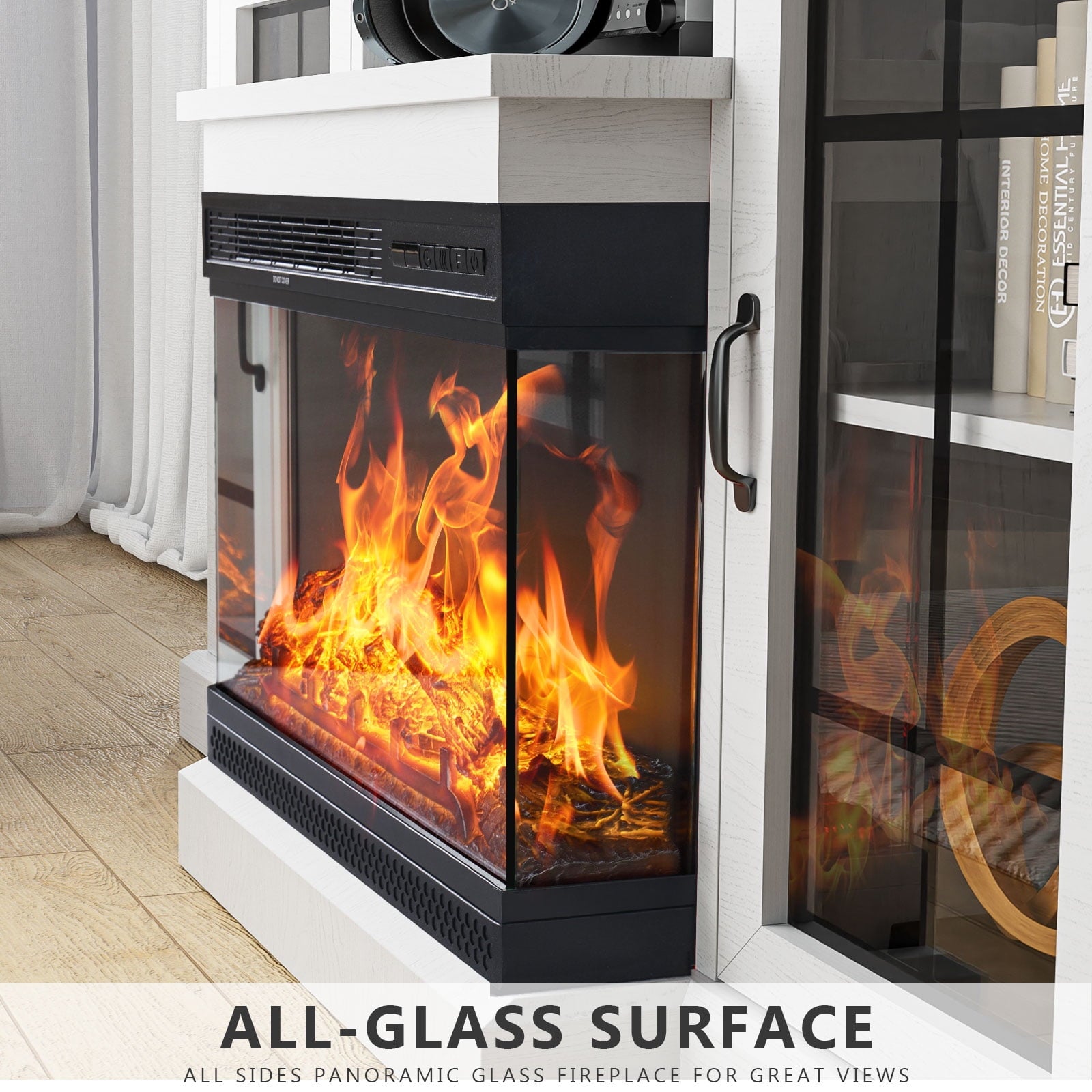 59'' Fireplace TV Stand for TVs up to 65", 12 Flame Colors&12 LED Light Colors, TV Console with 3-Sided Glass Fireplace, for Living Room, White