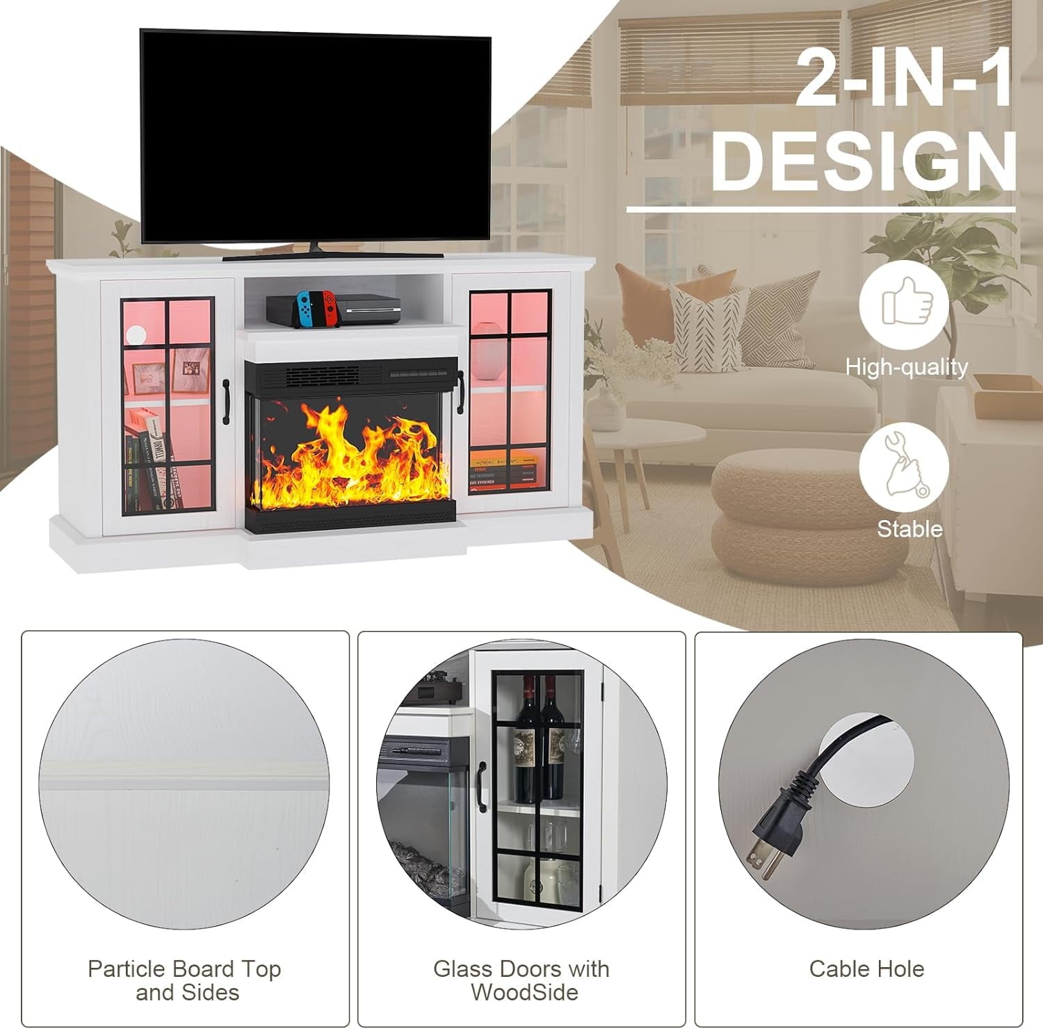 59'' Fireplace TV Stand for TVs up to 65", 12 Flame Colors&12 LED Light Colors, TV Console with 3-Sided Glass Fireplace, for Living Room, White