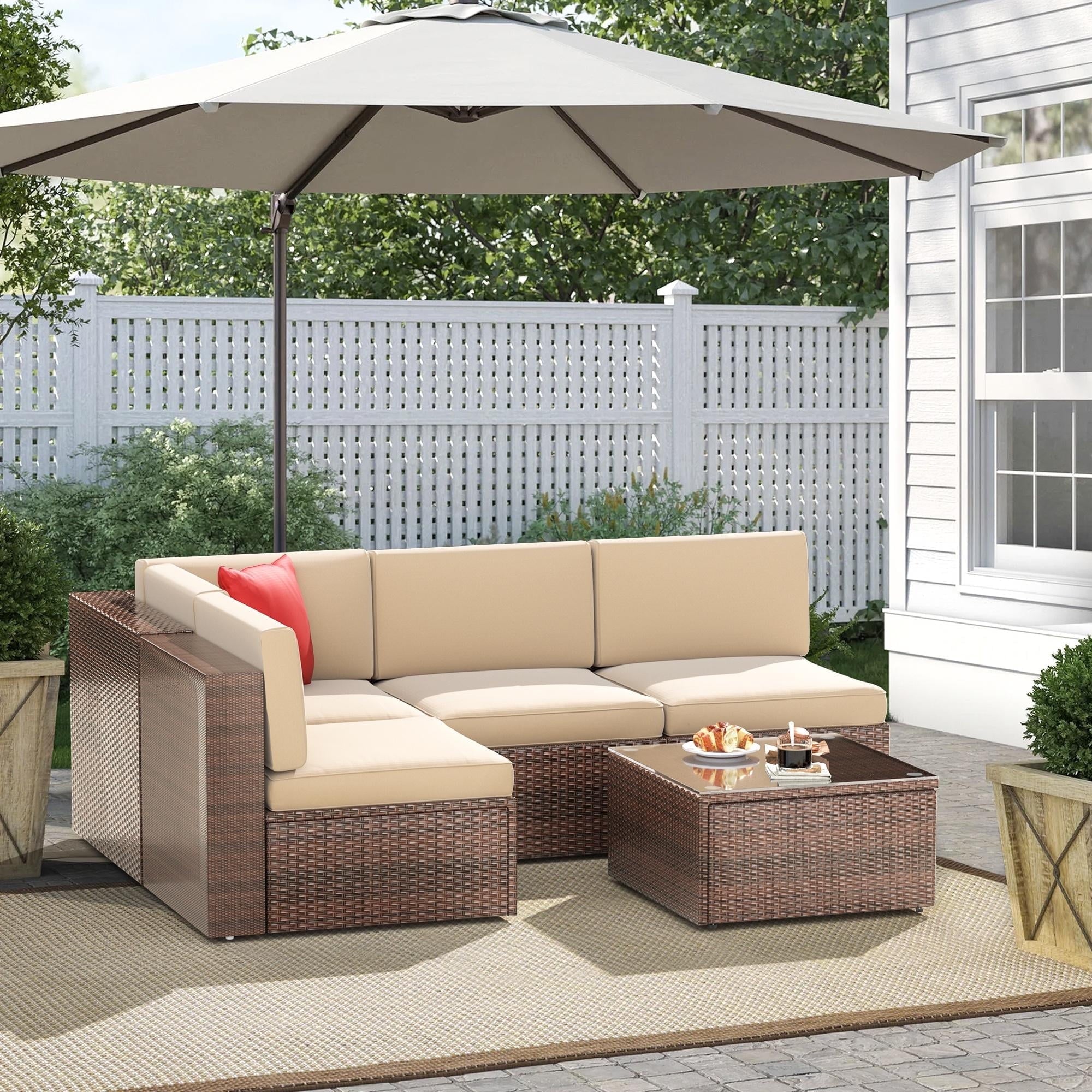 5pcs Outdoor Patio Furniture Set, PE Rattan Wicker Sectional Conversation Set with Glass Coffee Table, Beige