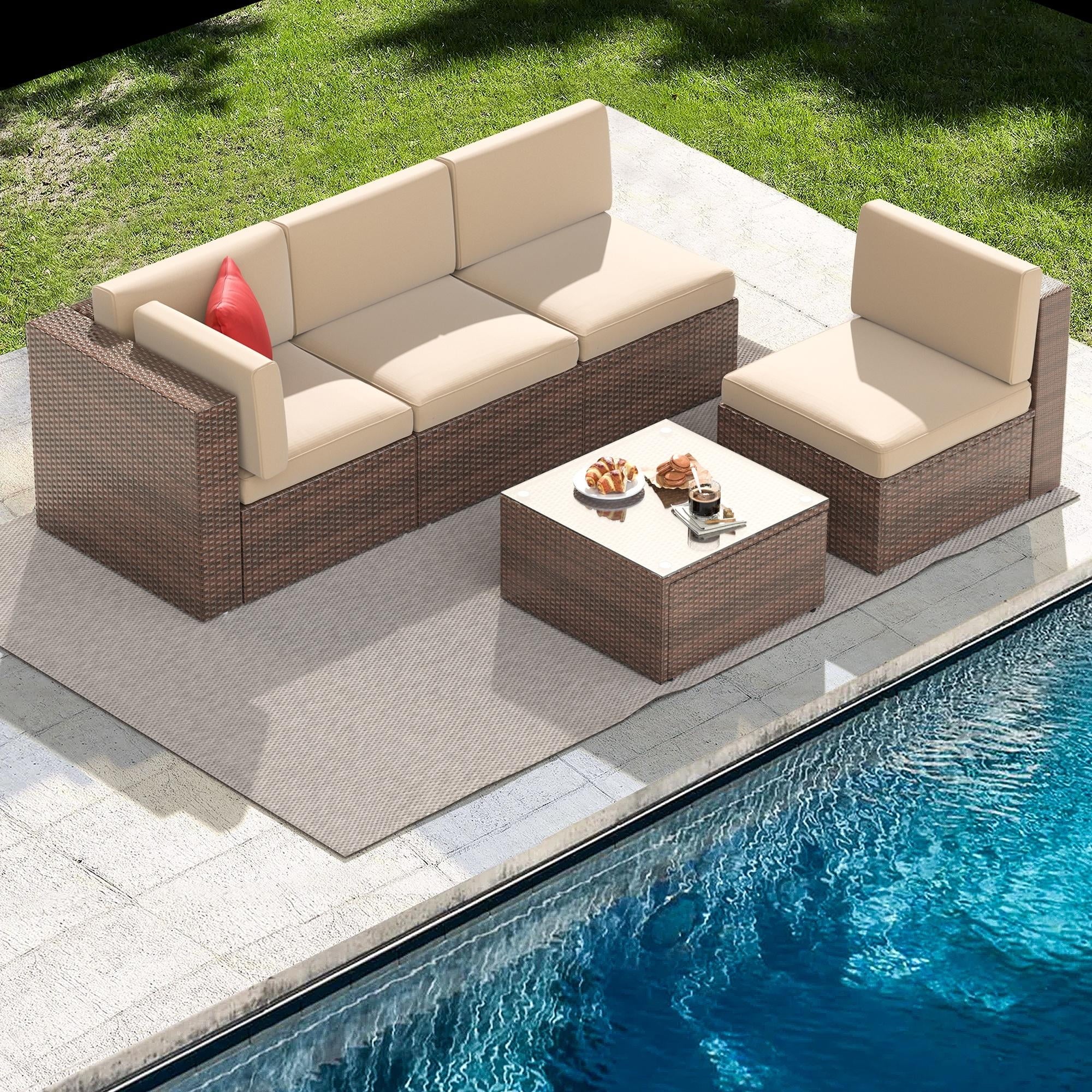 5pcs Outdoor Patio Furniture Set, PE Rattan Wicker Sectional Conversation Set with Glass Coffee Table, Beige