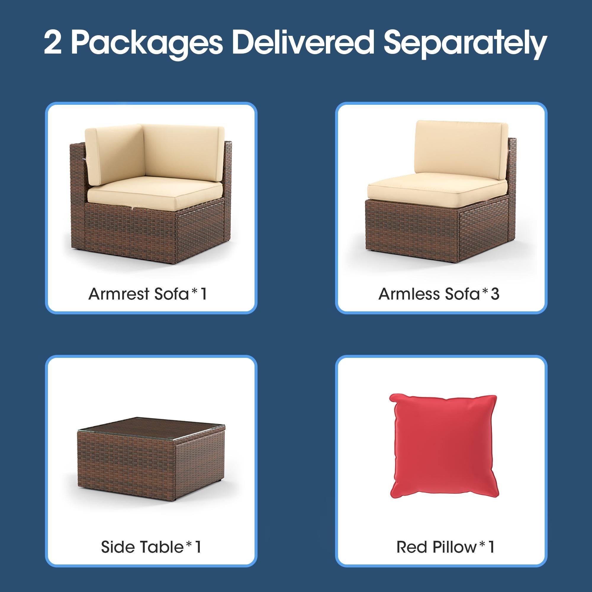 5pcs Outdoor Patio Furniture Set, PE Rattan Wicker Sectional Conversation Set with Glass Coffee Table, Beige