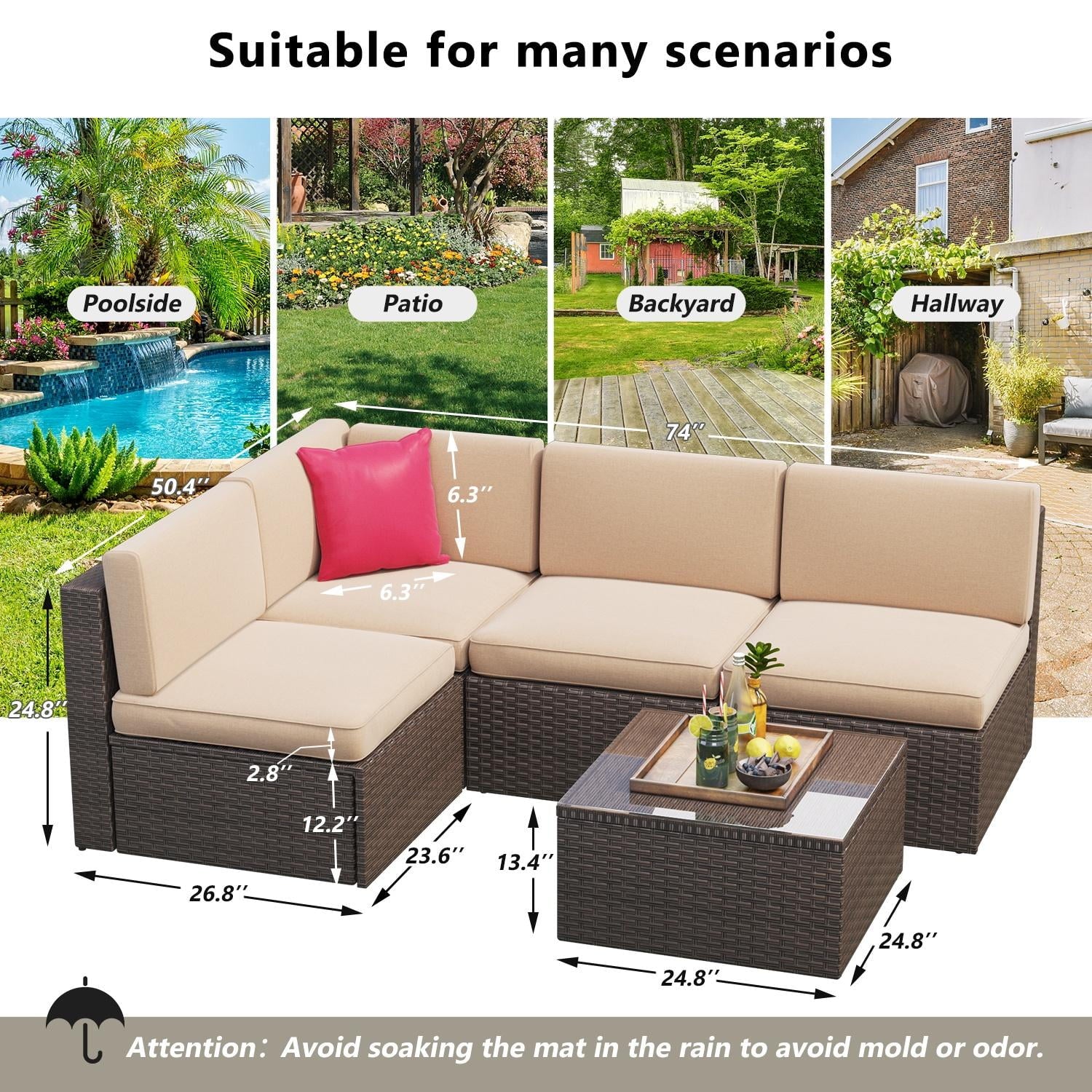 5pcs Outdoor Patio Furniture Set, PE Rattan Wicker Sectional Conversation Set with Glass Coffee Table, Beige