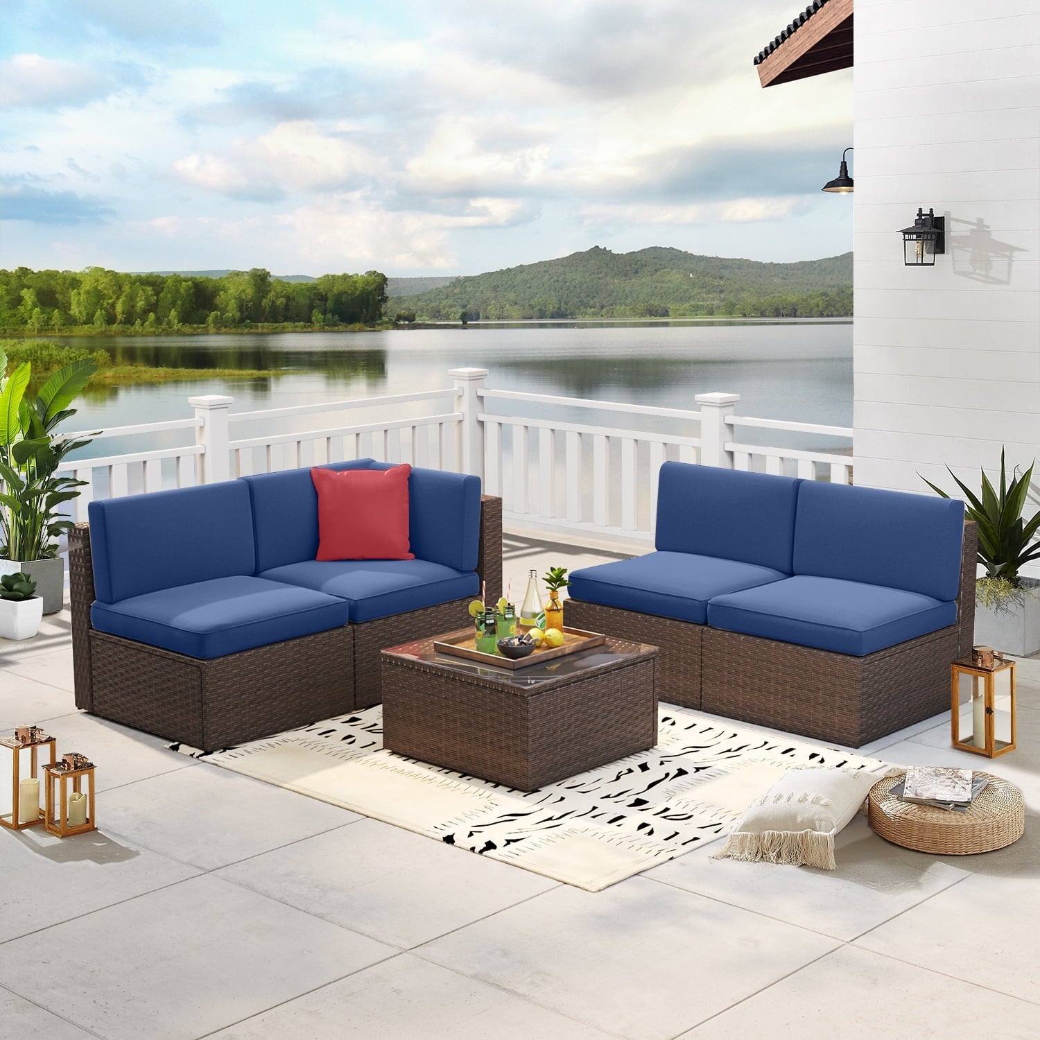 5-Piece Rattan Patio Conversation Set, Outdoor Patio Furniture Sets, Patio Furniture Sets with Coffe Table, Blue Cushions, for Garden, Backyard, Poolside