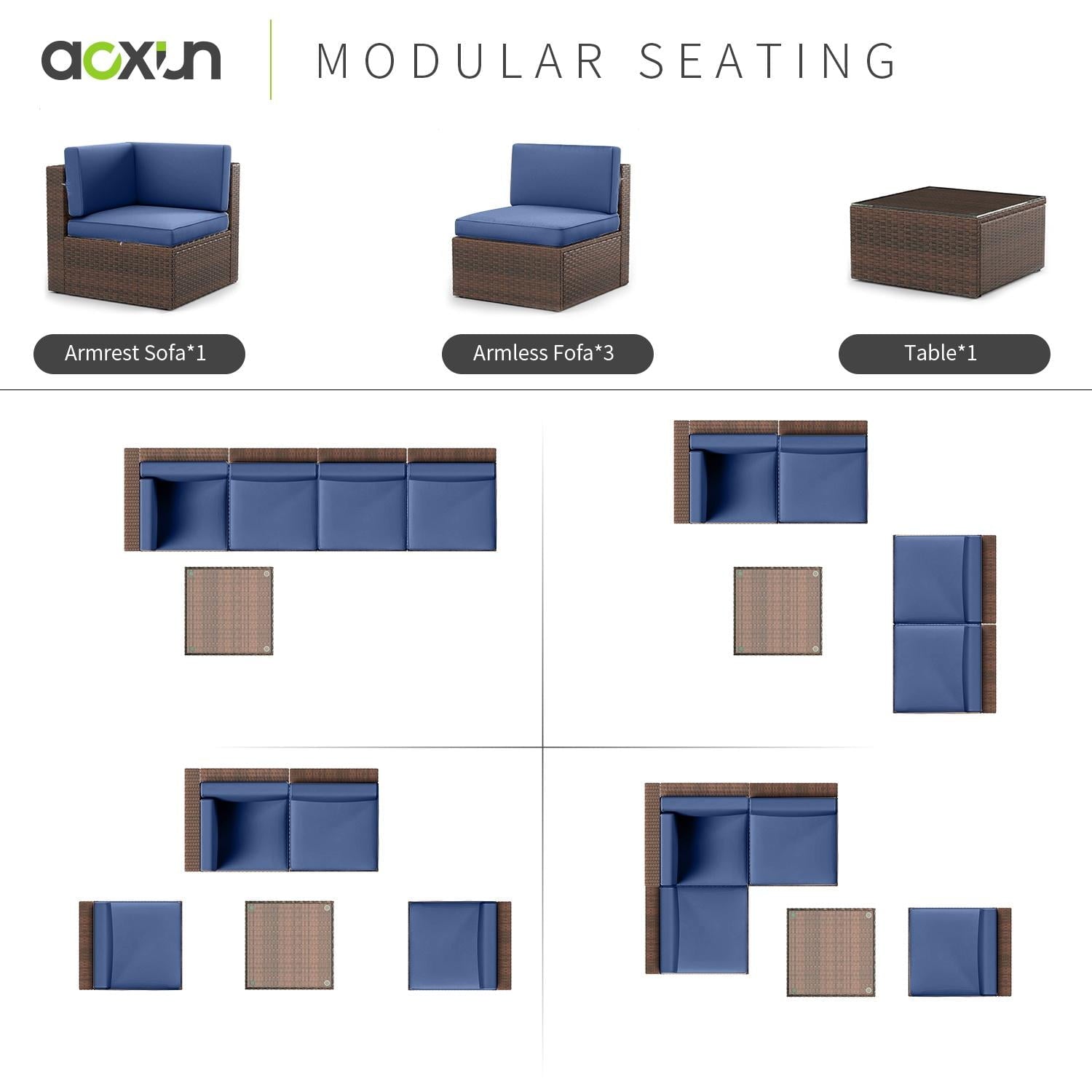 5-Piece Rattan Patio Conversation Set, Outdoor Patio Furniture Sets, Patio Furniture Sets with Coffe Table, Blue Cushions, for Garden, Backyard, Poolside