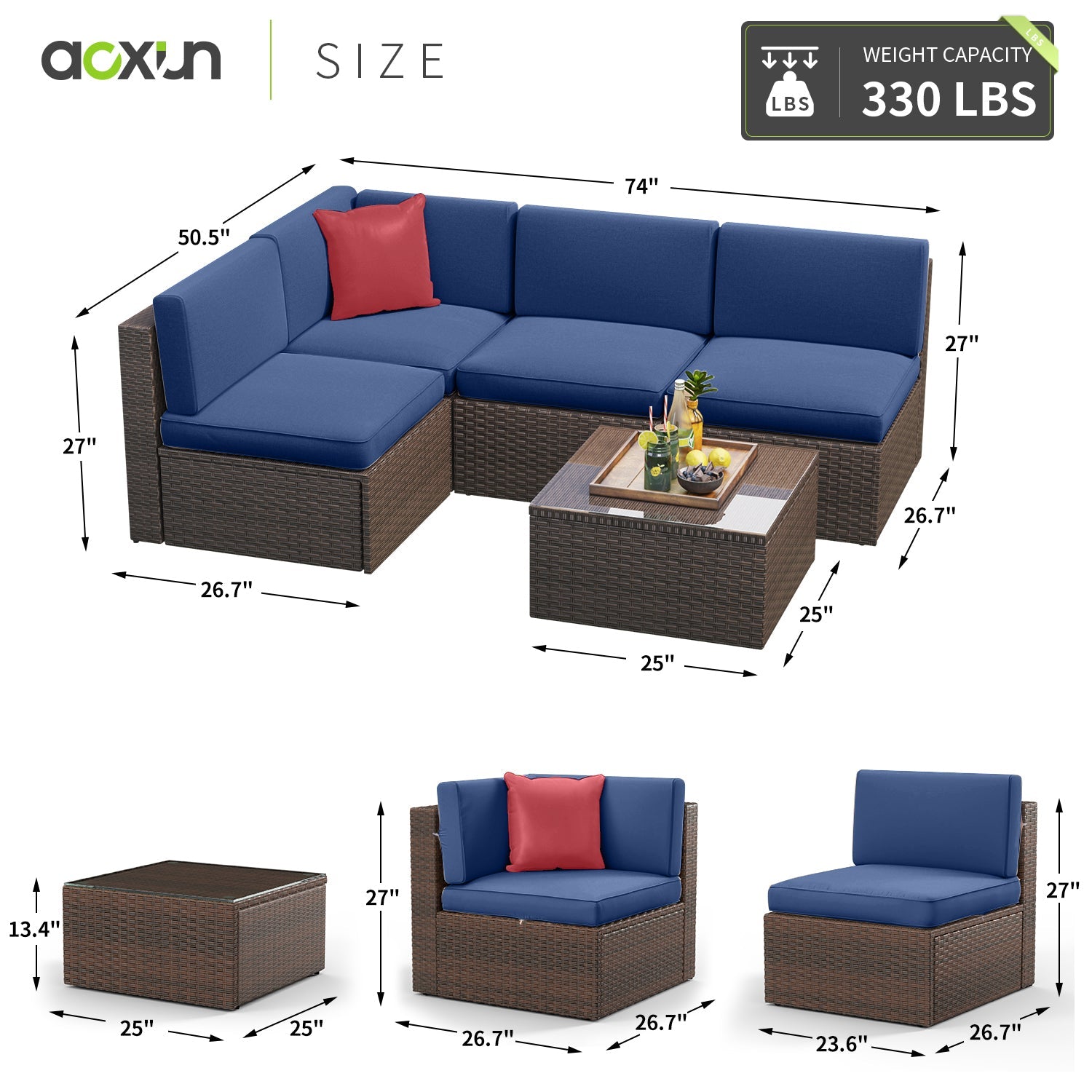 5-Piece Rattan Patio Conversation Set, Outdoor Patio Furniture Sets, Patio Furniture Sets with Coffe Table, Blue Cushions, for Garden, Backyard, Poolside