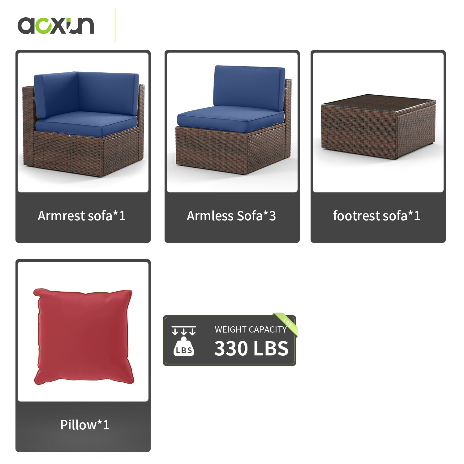 5-Piece Rattan Patio Conversation Set, Outdoor Patio Furniture Sets, Patio Furniture Sets with Coffe Table, Blue Cushions, for Garden, Backyard, Poolside