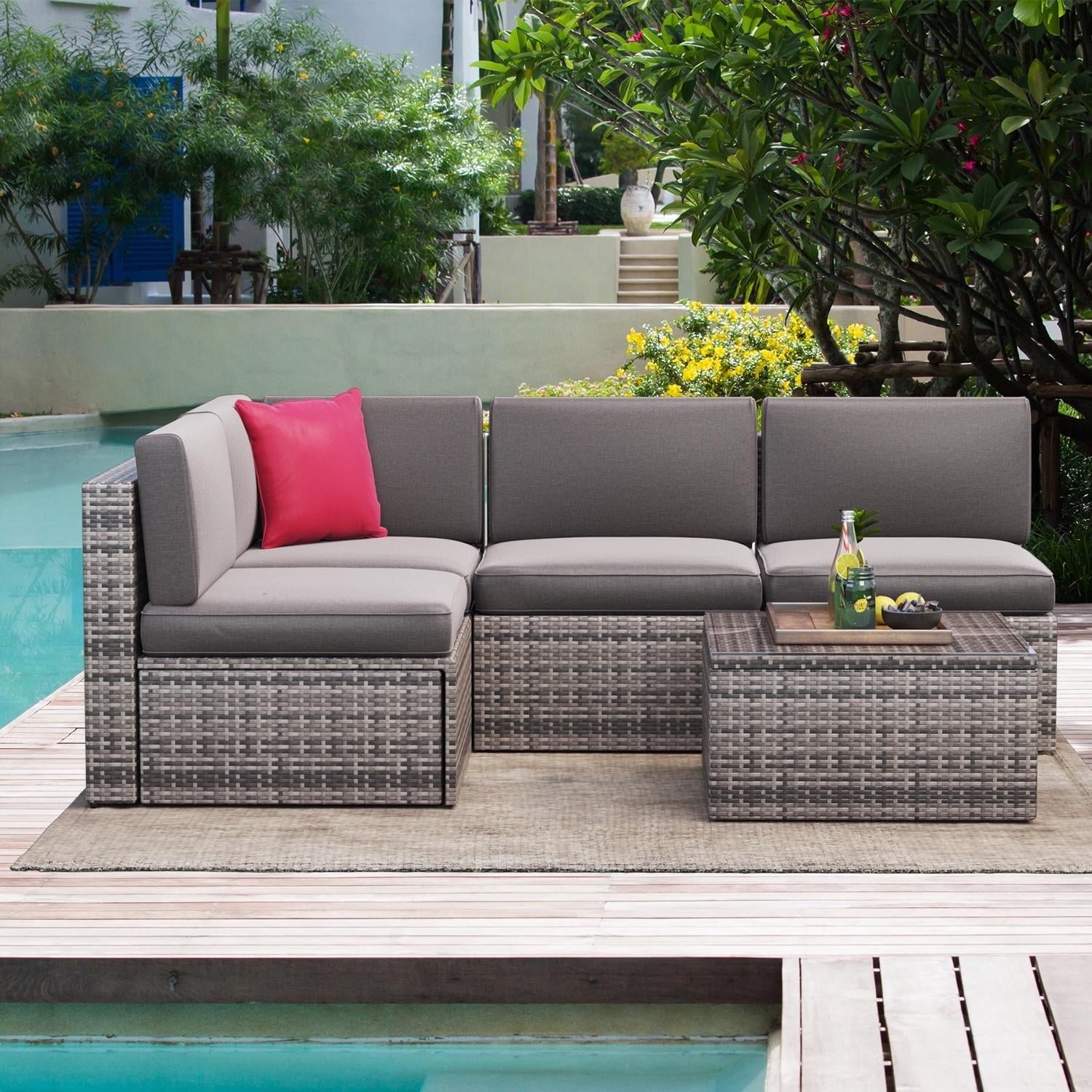 5pcs Outdoor Patio Furniture Set, PE Rattan Wicker Sectional Conversation Set with Glass Coffee Table, Gray