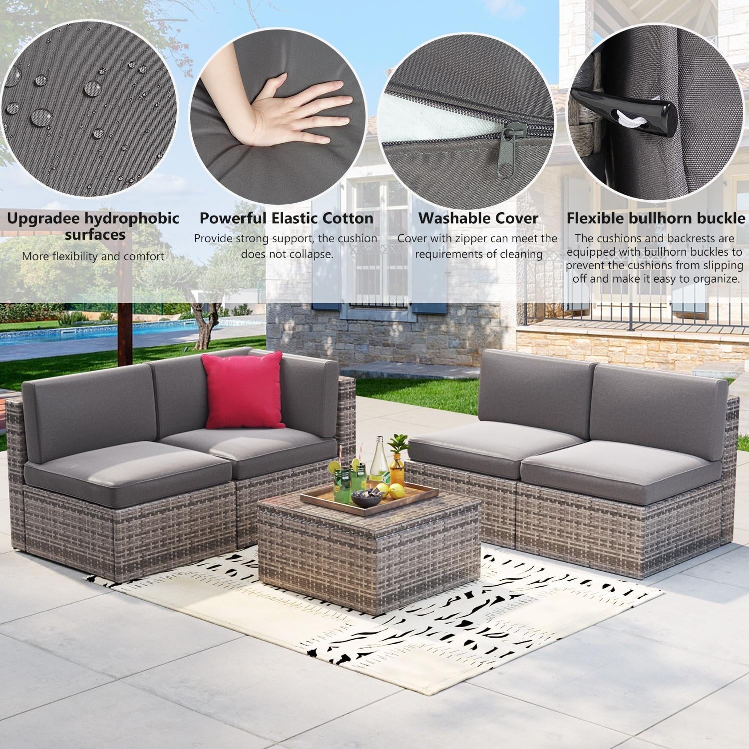 5pcs Outdoor Patio Furniture Set, PE Rattan Wicker Sectional Conversation Set with Glass Coffee Table, Gray