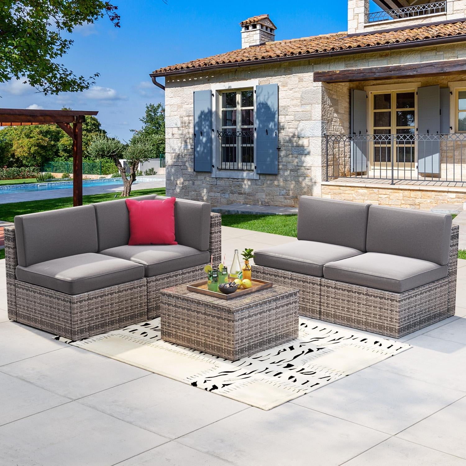 5pcs Outdoor Patio Furniture Set, PE Rattan Wicker Sectional Conversation Set with Glass Coffee Table, Gray