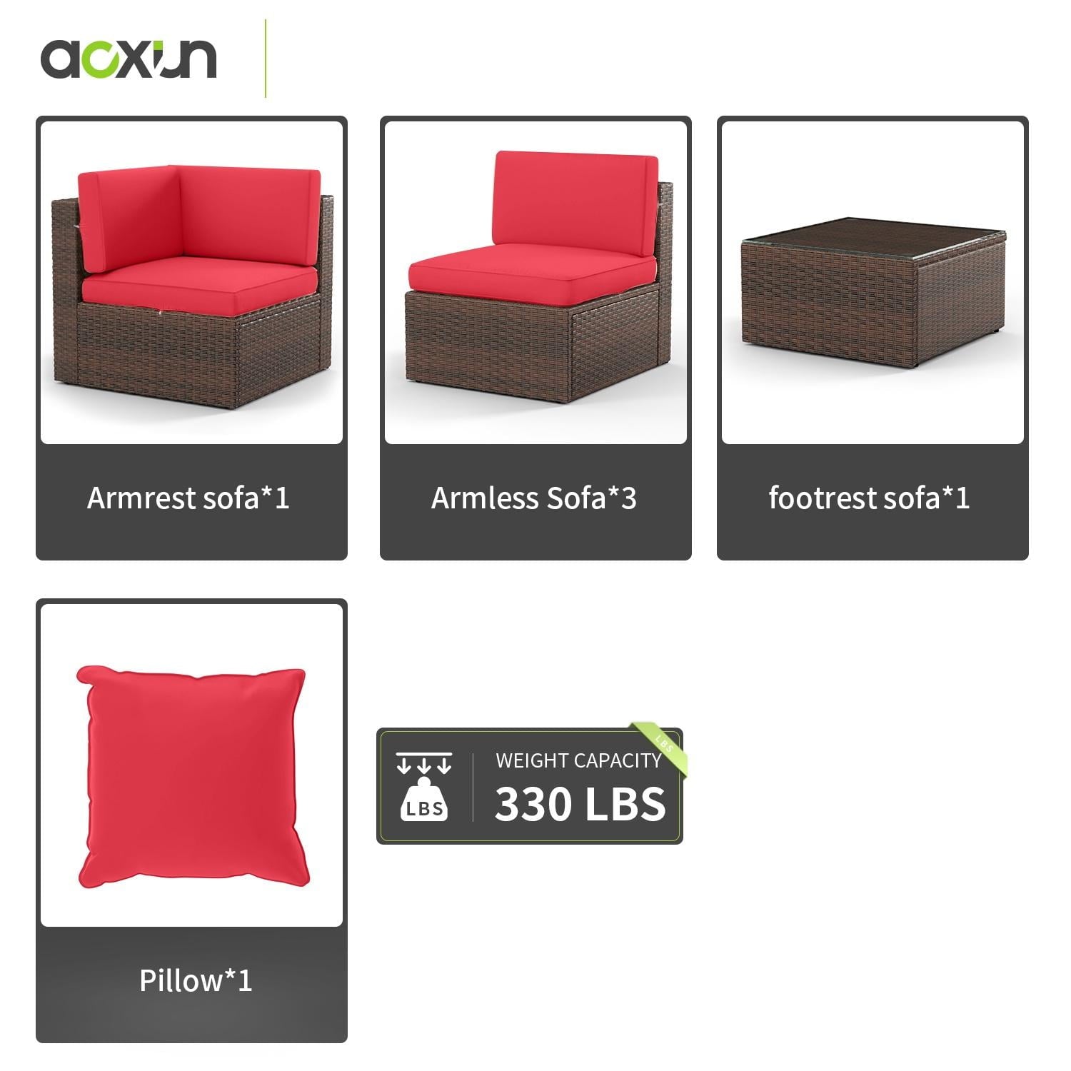 5-Piece Rattan Patio Conversation Set, Outdoor Patio Furniture Sets, Patio Furniture Sets with Coffe Table, Red Cushions, for Garden, Backyard, Poolside