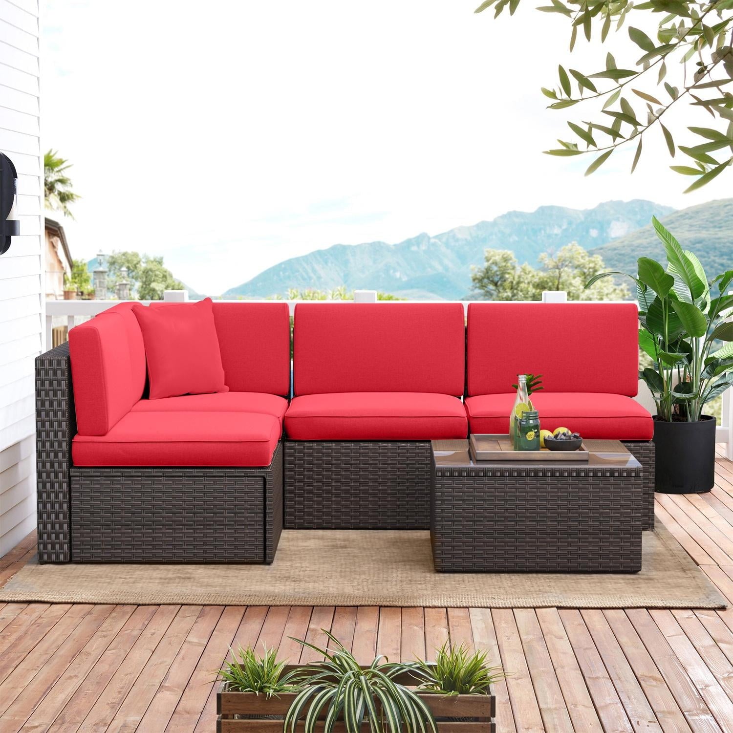 5-Piece Rattan Patio Conversation Set, Outdoor Patio Furniture Sets, Patio Furniture Sets with Coffe Table, Red Cushions, for Garden, Backyard, Poolside