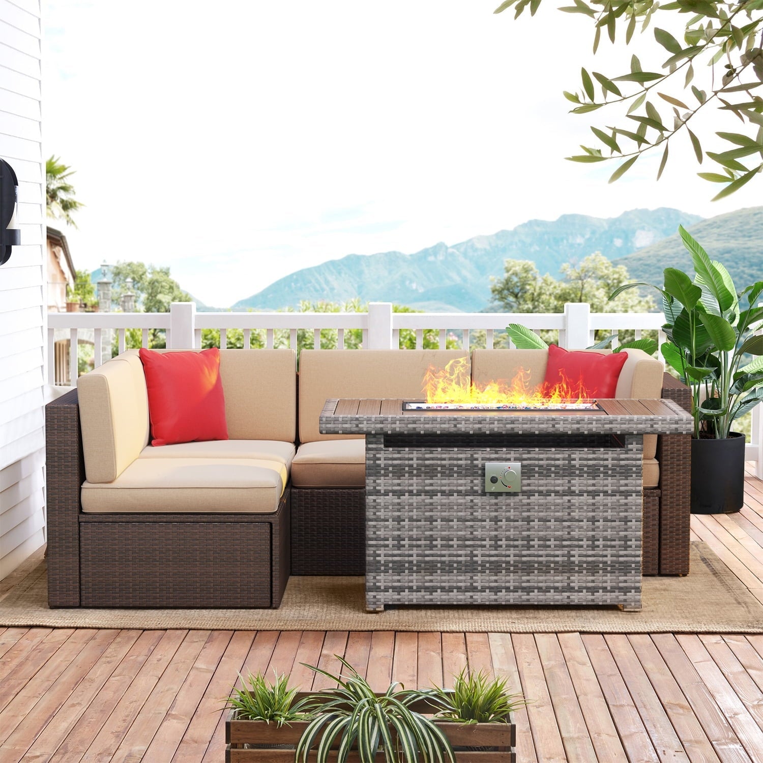 5 Piece Outdoor Patio Conversation Set with 44-inch Fire Pit Table,Outdoor Furniture Sectional Wicker Sofa Set with Beige Cushions